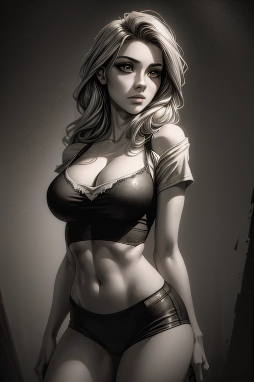 a 22 year old girl, sketch, skinny, tiny, t shirt, black and white, cute body, detailed features, cleavage, vintage style, high contrast lighting, cute eyes, long hair,(best quality,4k,8k,highres,masterpiece:1.2),ultra-detailed,(realistic,photorealistic,photo-realistic:1.37),vintage,monochrome,intense gaze,dramatic lighting,rugged background,distressed paper texture,retro vibes,id photo,front view, beautiful shadows and lights