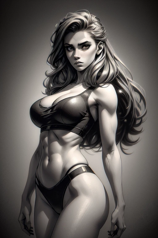 a 22 year old girl, sketch, skinny, tiny, t shirt, black and white, cute body, detailed features, cleavage, vintage style, high contrast lighting, cute eyes, long hair,(best quality,4k,8k,highres,masterpiece:1.2),ultra-detailed,(realistic,photorealistic,photo-realistic:1.37),vintage,monochrome,intense gaze,dramatic lighting,rugged background,distressed paper texture,retro vibes,id photo,front view, beautiful shadows and lights