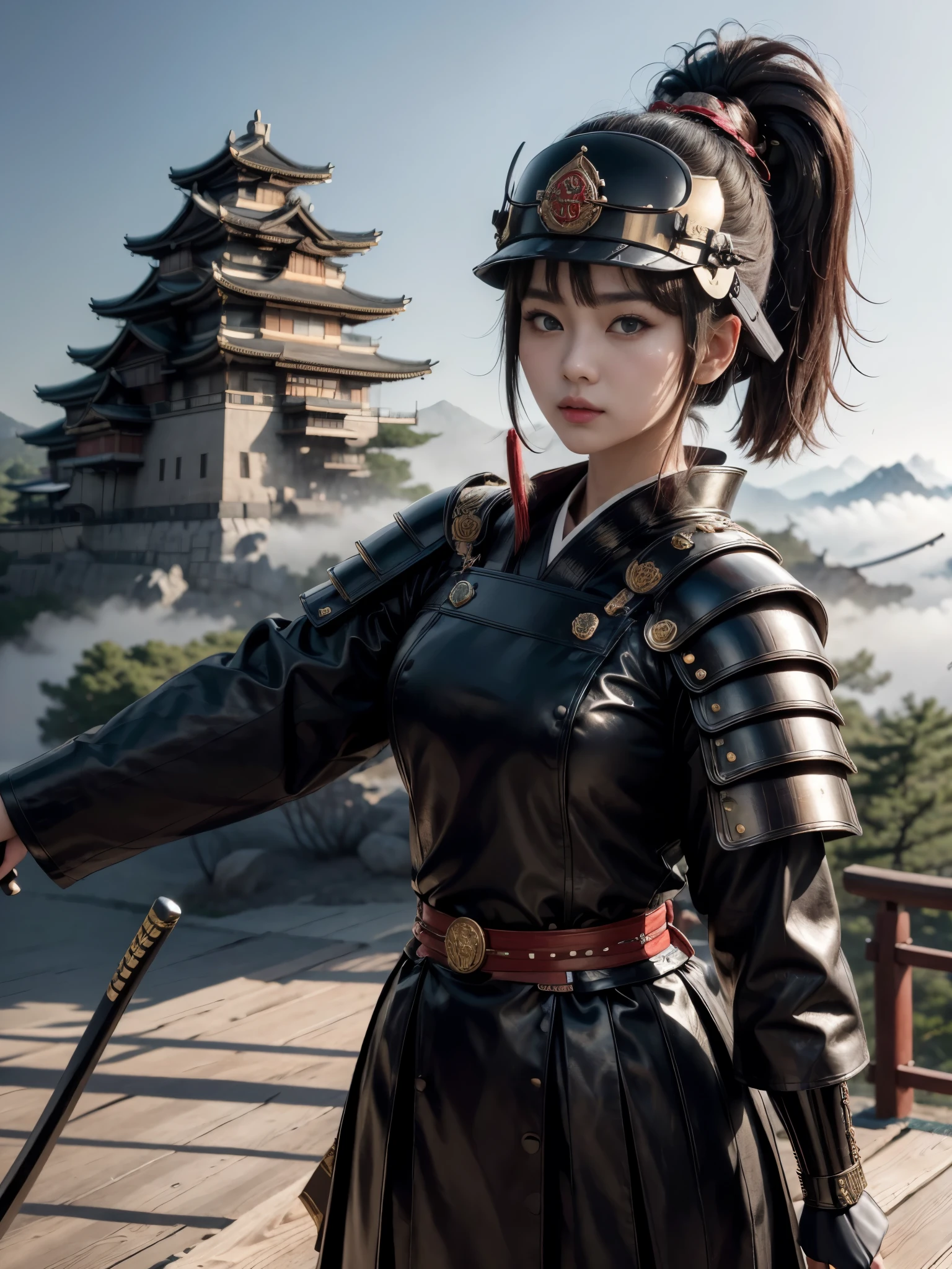 ((RAW photo), absurd, (absurdresolution)), masterpiece, best quality, (Extremely detailed CG unity 8k wallpaper), (best illustration), (best shadow), Realistic lighting, beautiful detailed glow, ((21 years old, the most beautiful young girl, beautiful, Korean)), (standing looking at the viewer, resting her arms, leg slightly bent), (black hair, a big bun on the nape of her neck, long wooden pins), (perfect black pupil, defined, sharp), (((samurai war armor, wooden and leather mail, katana on the belt, decorated and shiny helmet))), ((background: mountain with hinoki trees and fog, imperial Korean castle)), (((monochromatic background, she in color)))