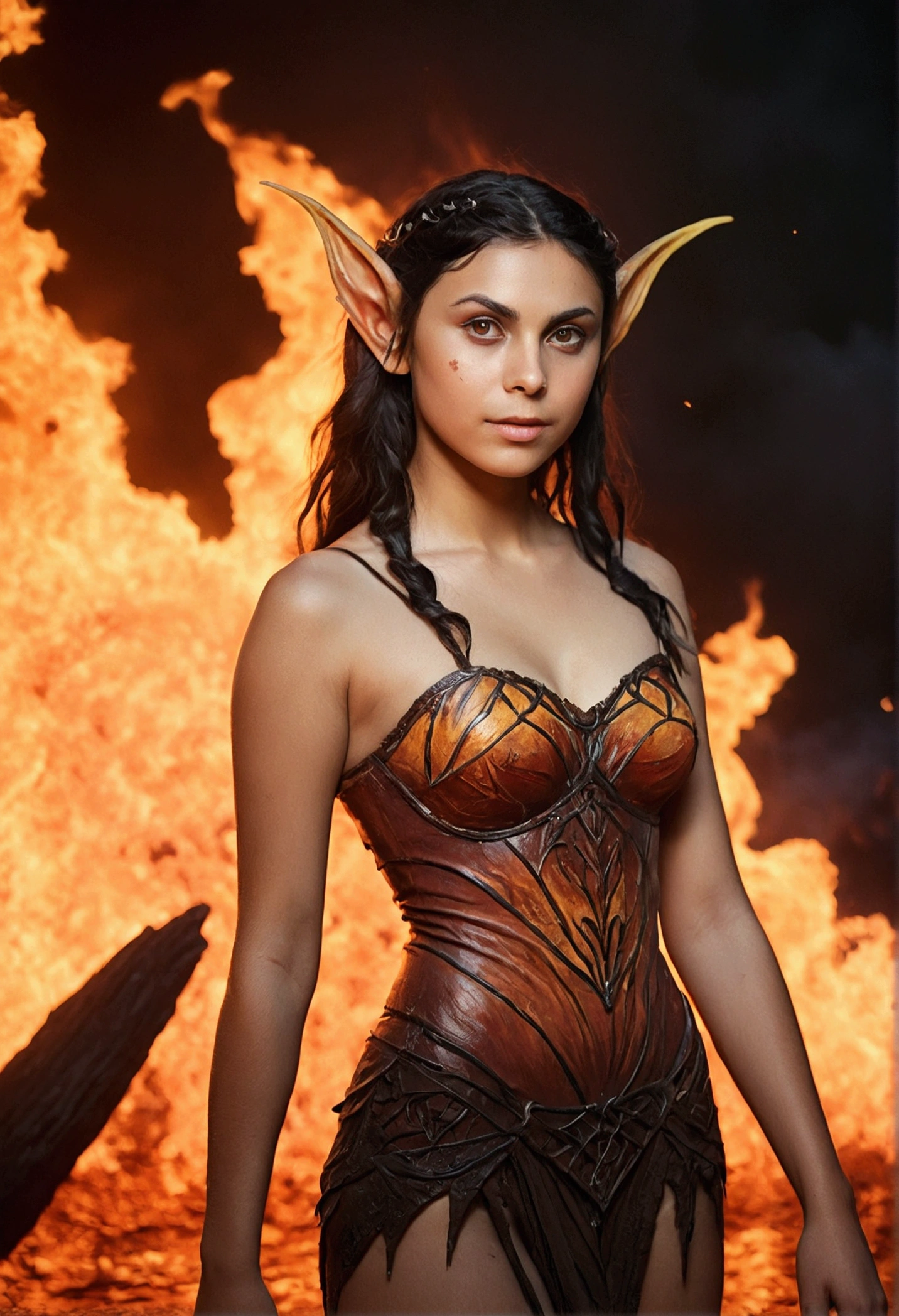 analog film photo, photo of a young fire elf, 18 years-old, female, elf, pointy ears, dark messy hair, sun-kissed complexion, sweaty skin, pretty, natural beauty, tall, full hourglass figure, thick thighs, big butt, wearing damp undergarments, posing in a fiery lava lake, surrounded by flames and smoke, hellish landscape, nighttime, resembles a young Morena Baccarin, RAW Photograph, dslr, soft lighting, high quality, film grain, Fujifilm XT3, detailed skin with visible pores, insane details, masterpiece, 8k, 35mm photograph, dslr, kodachrome, faded film, desaturated, grainy, vintage, Lomography, stained, highly detailed, found footage, close-up shot, elven ears