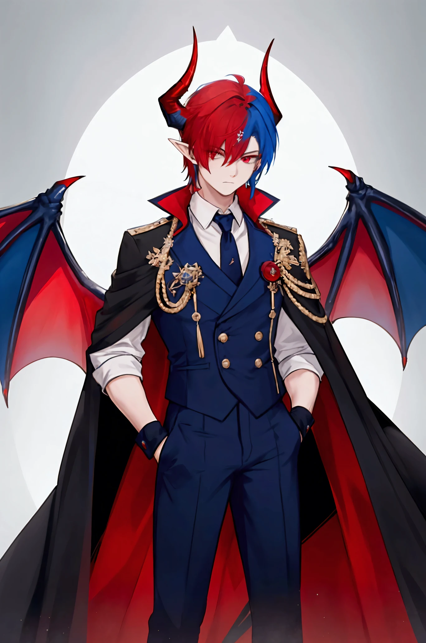 masterpiece, detailed, Best Quality, masculine boy, ((red hair and blue hair)) , blue-red hair multicolored hair, 18 years, young, high, uniforme elegant colegial , Black pants , demonic horns, dragon wings, short hair, disheveled hair , black gloves , serious expression, pointy ears, Red_hair , blue_hair , elegant, whole body, standing, Red eyes, strong, ultra powerful magic, dangerous, twinkle in his eye, radiance, long black cape, Alone