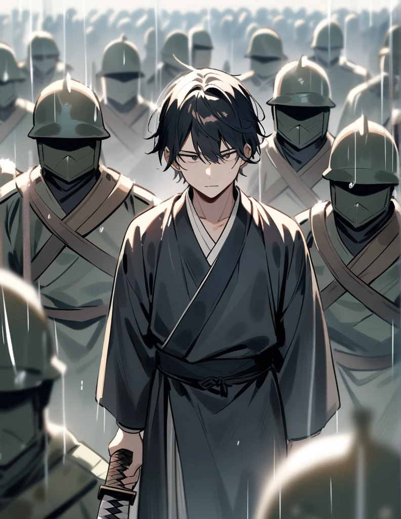 A young warrior in a dark kimono held a katana against a group of soldiers as rain fell on everyone. 