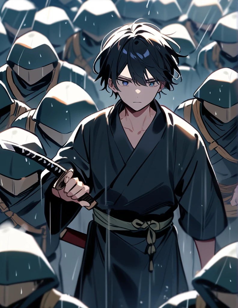 A young warrior in a dark kimono held a katana against a group of soldiers as rain fell on everyone. 