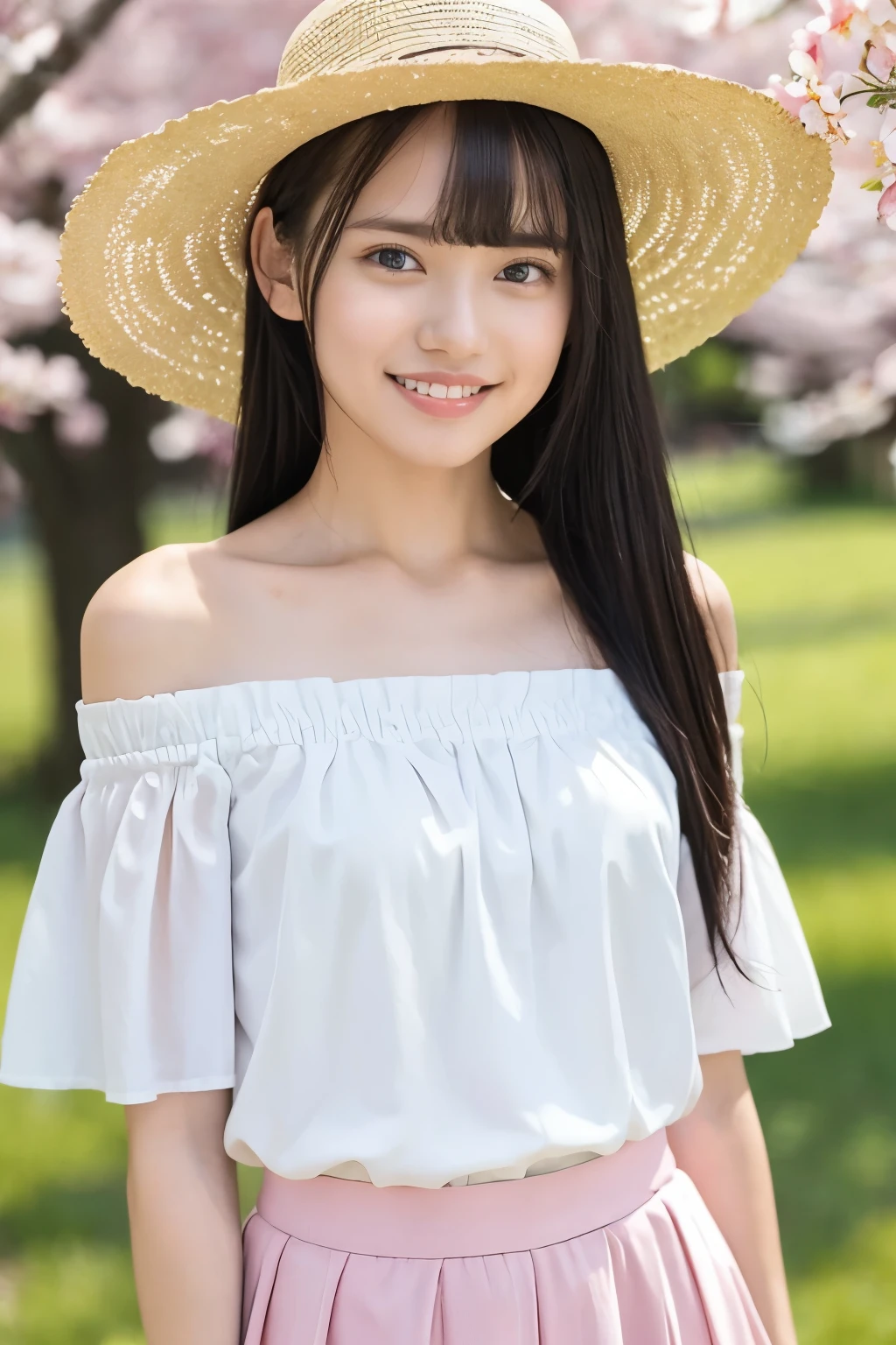 (Highest quality、Tabletop、8k、Best image quality、Hyperrealism)、Accurate anatomy、The best smile、(Face close-up:1.1)、(White off-the-shoulder blouse with large frills:1.2)、(Elegant and cute light pink flared skirt:1.2)、Blurry park background、Blurred cherry blossoms in full bloom、Are standing、(very bright and vivid:1.2)、(Bright and glowing skin:1.3)、(Beautiful sunny sky:1.2)、The perfect straw hat