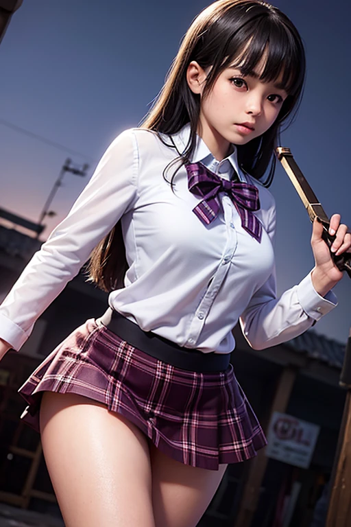 (top quality, masterpiece), 1girl, intricate details, (realistic lighting with shades), huge file size, high resolution, atmosphere, mystical, romanticism, literature, art, fashion, elegant, realistic, (perfect anatomical depiction of the human body), teenage girl is doing Japan sword demonstration in Japan schoolgirl outfit, (beautiful posture of upper step spinning kick holding a sword), Serious expression as if in battle, The girl is a brunette Japan with pigtails with whitening skin blue eyes and partially braided hair, japanese, (very big), (super big), (thin waist), (fleshy big buttocks hanging down), (thin thighs), (baby face), (crimson ribbon tie with smooth thin fabric neat white blouse), ( blouse breasts are very cramped), (no bra), (dark areolas), (blouses crush large breasts and spread to the sides), (dark blue tartan checked micromini pleated skirt), (skirt length is short enough to show the buttocks), (white and large panties covering the buttocks), (no skin exposed on the upper body)), (neat clothes with all buttons fastened), (beautiful big blue eyes), ( Thin and clear double eyelid lines in the eyes), (Glossy, plump and brightly toned tear bags under the eyes), (Light blue iris), (Some highlights on the iris and pupil), (Red expression of the conjunctiva), (Long eyelashes that are well visible), (Blouse with super big), (skin and hair that sparkle in the sunlight), Daytime city shot, cameltoe, ( beautiful posture of upper stage spinning kick with sword), (upper stage spinning kick with beautiful posture),