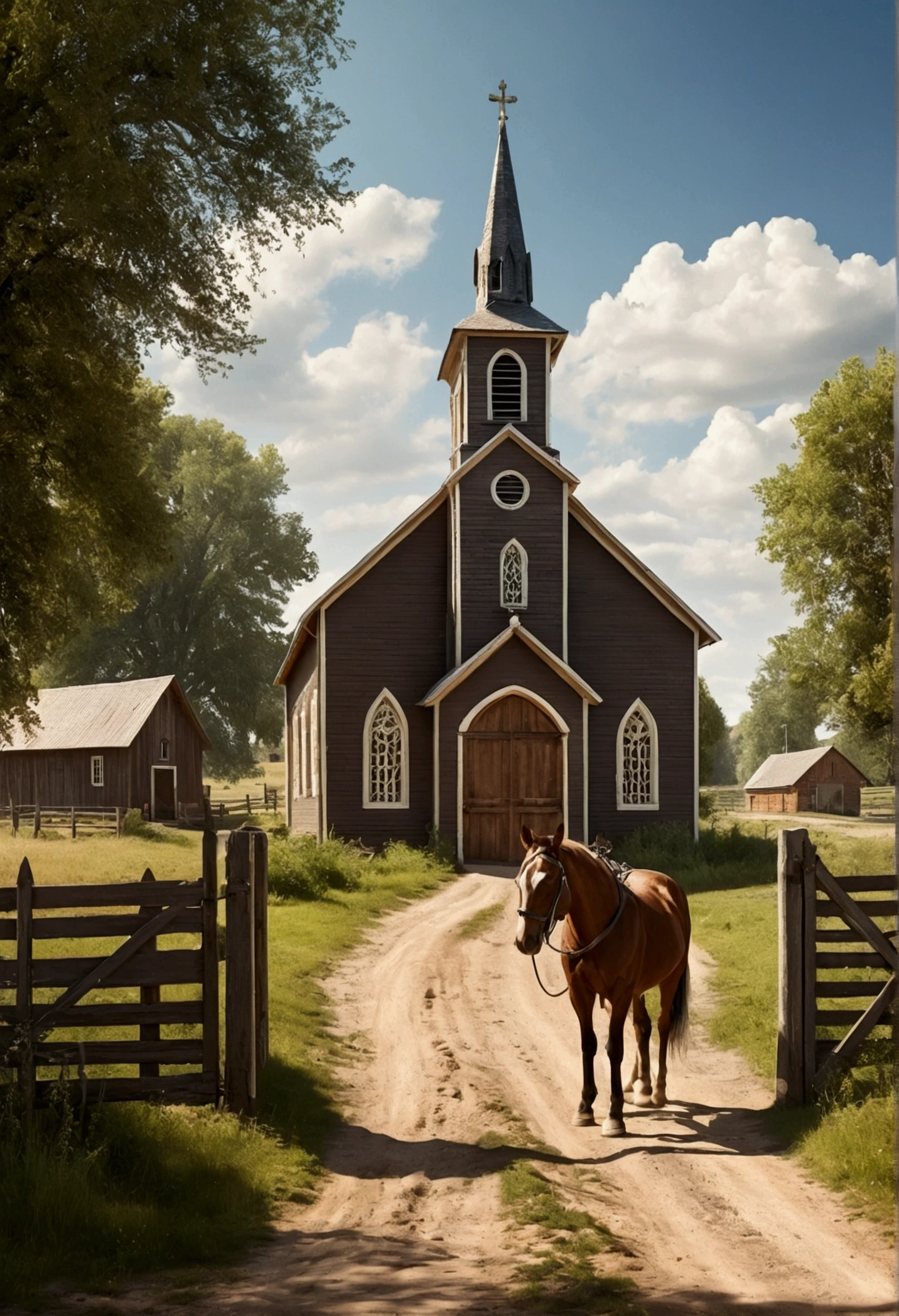 Small town landscape with church and dirt road with a wooden gate and small animals, a horse with a horse mounted too