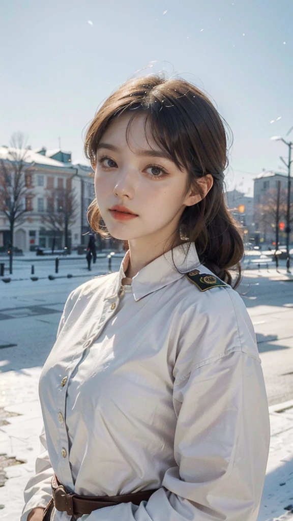 (best quality,4K,high resolution,masterpiece:1.4),Super detailed,Very detailed,sharp focus,Surreal:1.4,professional,HD images,bright colors,Bokeh,Beautiful and delicate eyes,Beautiful and delicate lips,long eyelashes,Romantic atmosphere,soft light,Contrast light and shadow,Lighting effects,high nose bridge,high nose,Yamane,young,Lively,Chubby cheeks,charming,graceful curves,Blonde hair,full,The streets of Moscow,European girl,Snowing day,Kremlin background,Wearing a red star cotton hat,Olive green military uniform