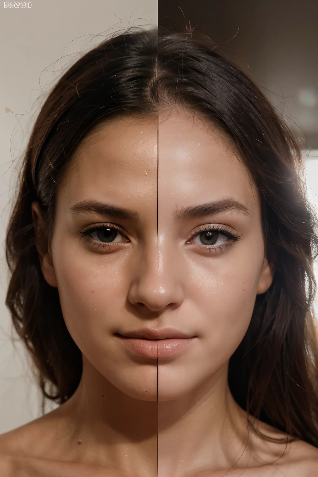 image of the face of a beautiful girl divided into two parts, the left side with marked expression lines and wrinkles and the right side with fresh and young skin, undefined background with white light, dramatic lighting, realistic image, image measurements 1200x900