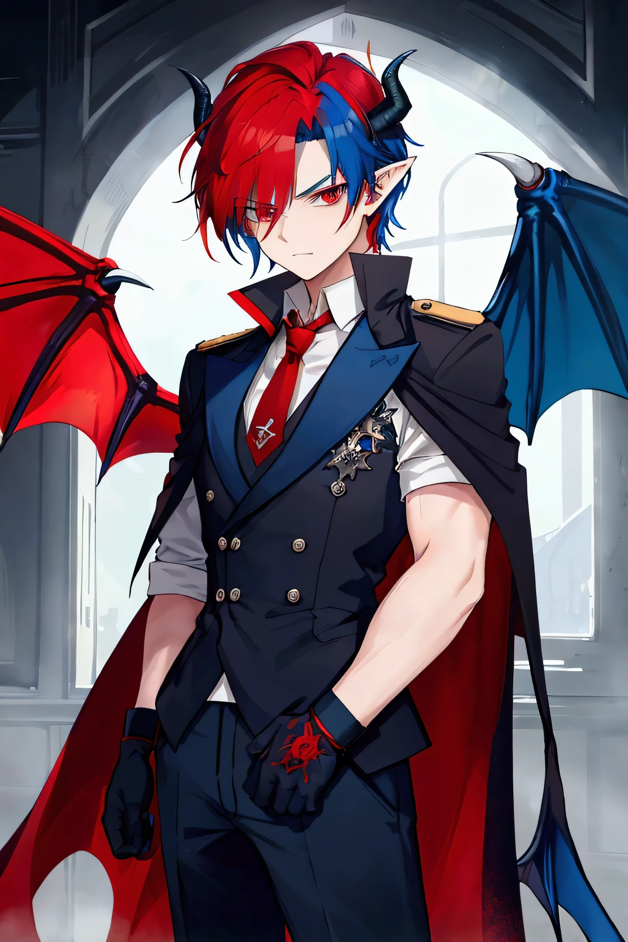 masterpiece, detailed, Best Quality, masculine boy, ((red hair and blue hair)) , blue-red hair multicolored hair, 18 years, young, high, uniforme elegant colegial , demonic horns, dragon wings, short hair, disheveled hair , gloves , serious expression, pointy ears, Red_hair , blue_hair , elegant, Whole body , standing, Red eyes, strong, ultra powerful magic, dangerous, twinkle in his eye, radiance, long black cape, Alone
