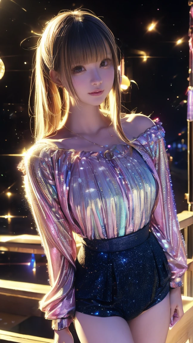 ((masterpiece)),(((Highest quality))),Thin thighs,Long legs,whole body:1.5,(One Girl:1.3),(もっと美しいsummerのラフな格好:1.3),(Wearing light casual clothes:1.2),Short Blonde:1.2、Model pose,summer、flowerpunk、Gravure idol、Sparkle Effect、Light effect particles、Vivid gradients