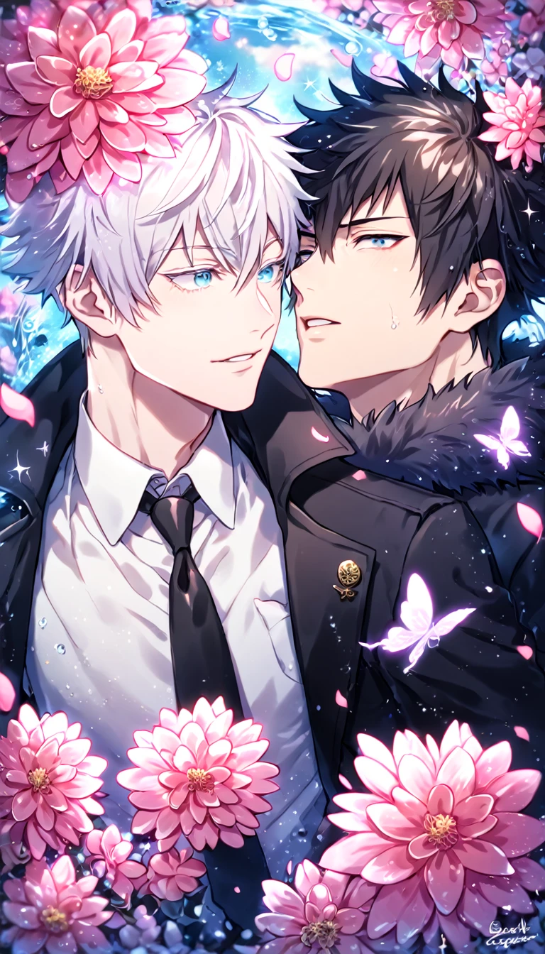 absurdres, highres, ultra detailed, HDR, master piece, best quality, Kougami Shinya, black hair, expressive gray eyes, Psycho Pass, Gojou Satoru, white hair, expressive blue eyes, white eyelashes, two sexy men together, yaoi, gay couple, handsome, black coat with fur collar, white shirt, black necktie, water, fantasy, magical, shining, pink flowers, pink blossoms, pink petals, pink butterflies, sparkling glass, manly man, jujutsu kaisen