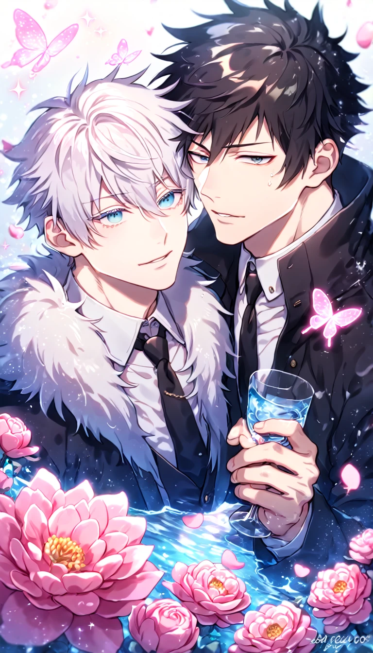 absurdres, highres, ultra detailed, HDR, master piece, best quality, Kougami Shinya, black hair, expressive gray eyes, Psycho Pass, Gojou Satoru, white hair, expressive blue eyes, white eyelashes, two sexy men together, yaoi, gay couple, handsome, black coat with fur collar, white shirt, black necktie, water, fantasy, magical, shining, pink flowers, pink blossoms, pink petals, pink butterflies, sparkling glass, manly man, jujutsu kaisen