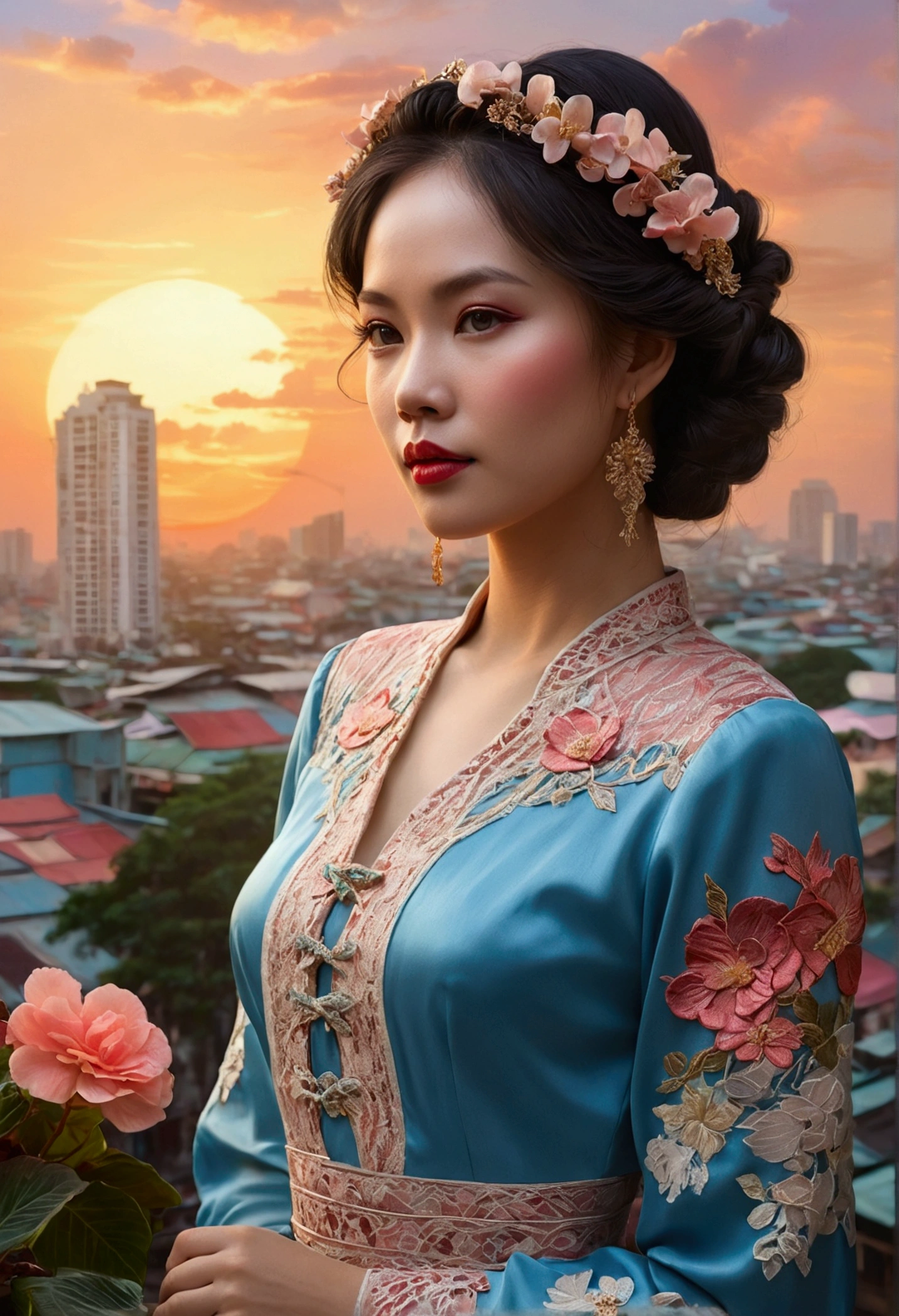 Full body image of a Kinkade-inspired Ho Chi Minh City cityscape at sunset, intricately detailed Vietnamese vintage-braided super beautiful woman with begonias in her hair, pale blue eyes reflecting the sunset cityscape, perfect lips, dress with fantasy-narrative embroidery flowing and showing double exposure of peace city scenes, vibrant brushstrokes, through vixsin's artistic lens, digital painting, ultra fine detail, dramatic lighting,