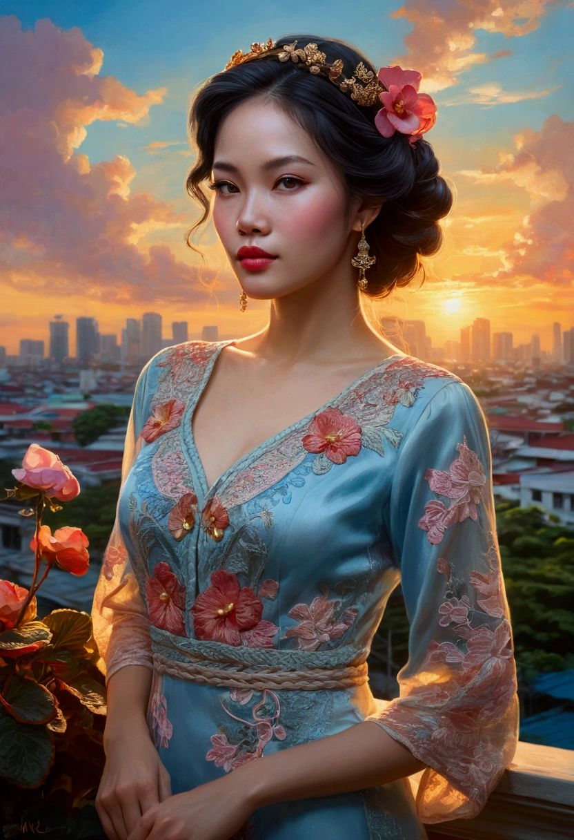 Full body image of a Kinkade-inspired Ho Chi Minh City cityscape at sunset, intricately detailed Vietnamese vintage-braided super beautiful woman with begonias in her hair, pale blue eyes reflecting the sunset cityscape, perfect lips, dress with fantasy-narrative embroidery flowing and showing double exposure of peace city scenes, vibrant brushstrokes, through vixsin's artistic lens, digital painting, ultra fine detail, dramatic lighting,