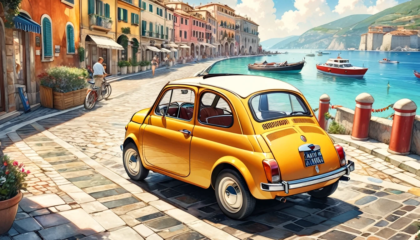 歴史的masterpiece,A picture of a FIAT 500 parked on a cobblestone street near the building, A FIAT on the road, beautiful retro art, by Bencho Obreshkov, Colourful and detailed, 8k)), happy italian beach scene, Watercolor style, super Realistic painting style, Detailed 4K painting, Realistic painting style, Awesome Wallpapers,There is no one,Only one car,masterpiece