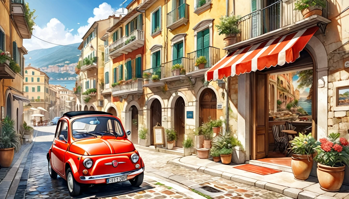 歴史的masterpiece,A picture of a FIAT 500 parked on a cobblestone street near the building, A FIAT on the road, beautiful retro art, by Bencho Obreshkov, Colourful and detailed, 8k)), happy italian beach scene, Watercolor style, super Realistic painting style, Detailed 4K painting, Realistic painting style, Awesome Wallpapers,There is no one,Only one car,masterpiece
