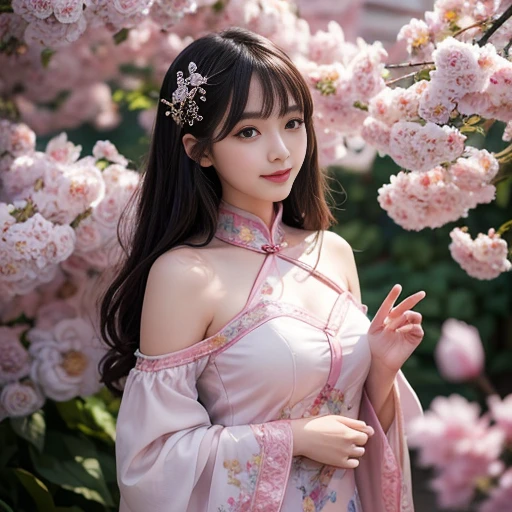 best quality, Delicate face，beautiful visual work, lifelike, eternity, black hair, Long curly hair, blunt bangs, Smile, 在flower园里, flower, Detailed Background, Delicate face，pink blush，cold，((masterpiece))、(top quality)、8k、high detail、Super detailed，21 years old female，Wearing Chinese cheongsam、Seductive and whimsical style、masterpiece、born、Scenes resembling fairy tale illustrations、intricate details和複雜的設計、Beautifully、magic、capricious、 Beautifully、Dream aesthetics、「𝓡𝓸𝓶𝓪𝓷𝓽𝓲𝓬、ethereal、charming、fickle、magic」、realism、Visual effects、FXAA、SSAO、Shader、voiceless、ambient lighting、Tone mapping、High resolution、Ultra high quality、Million pixels、(8K resolution:1.10)、8k、8k以下、8K resolution、high detail、intricate details， (high quality:1.2、masterpiece:1.2、:1.21)、(21 years old female:1.21)、(興奮地Smile)、(Surrounded by a dreamy atmosphere、Model diagram，full-body shot，Normal 2 feet，Don't show your fingers，Japanese folding fan held open in front of chest