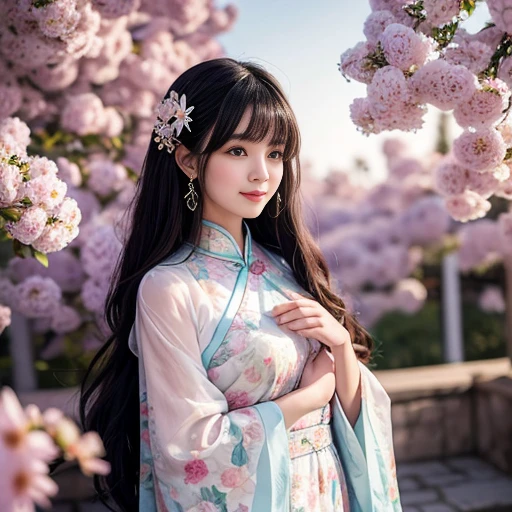 best quality, Delicate face，beautiful visual work, lifelike, eternity, black hair, Long curly hair, blunt bangs, Smile, 在flower园里, flower, Detailed Background, Delicate face，pink blush，cold，((masterpiece))、(top quality)、8k、high detail、Super detailed，21 years old female，Wearing Chinese cheongsam、Seductive and whimsical style、masterpiece、born、Scenes resembling fairy tale illustrations、intricate details和複雜的設計、Beautifully、magic、capricious、 Beautifully、Dream aesthetics、「𝓡𝓸𝓶𝓪𝓷𝓽𝓲𝓬、ethereal、charming、fickle、magic」、realism、Visual effects、FXAA、SSAO、Shader、voiceless、ambient lighting、Tone mapping、High resolution、Ultra high quality、Million pixels、(8K resolution:1.10)、8k、8k以下、8K resolution、high detail、intricate details， (high quality:1.2、masterpiece:1.2、:1.21)、(21 years old female:1.21)、(興奮地Smile)、(Surrounded by a dreamy atmosphere、Model diagram，full-body shot，Normal 2 feet，Don't show your fingers，Japanese folding fan held open in front of chest
