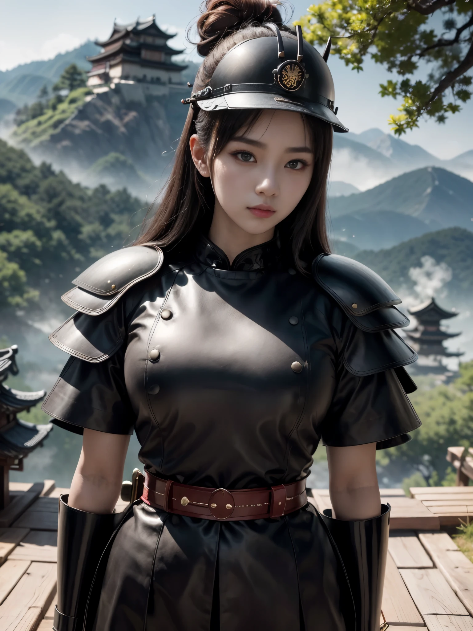 ((RAW photo), absurd, (absurdresolution)), masterpiece, best quality, (Extremely detailed CG unity 8k wallpaper), (best illustration), (best shadow), Realistic lighting, beautiful detailed glow, ((21 years old, the most beautiful young girl, beautiful, Korean)), (standing looking at the viewer, resting her arms, leg slightly bent), (black hair, a big bun on the nape of her neck, long wooden pins), (perfect black pupil, defined, sharp), (((samurai war armor, wooden and leather mail, katana on the belt, decorated and shiny helmet))), ((background: mountain with hinoki trees and fog, imperial Korean castle)), (((monochromatic background, she in color)))