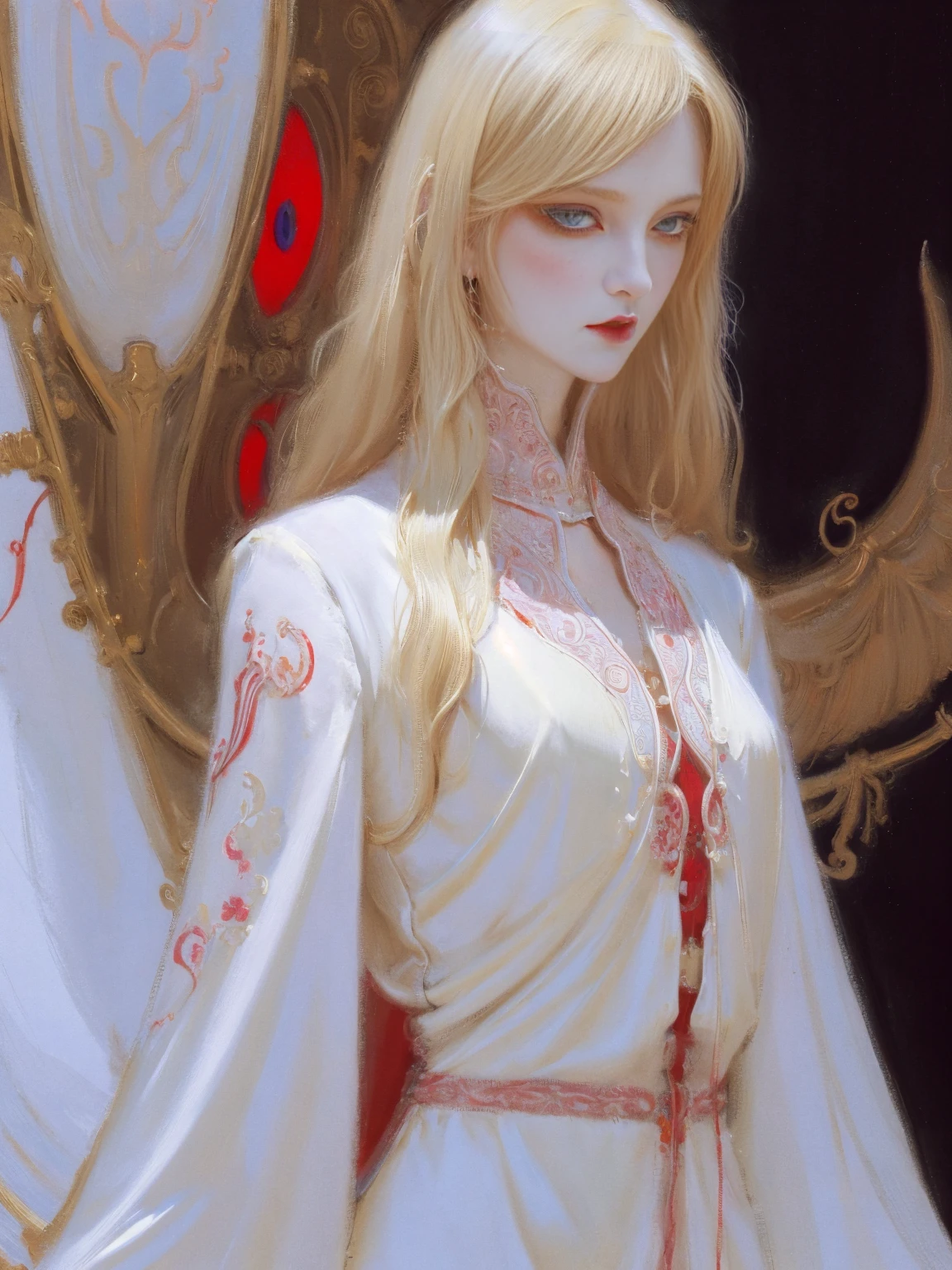 silk clothes、White clothes、Blonde red eyes、Abstract、Anatomically correct、Simple design, Flawless、Intricate details、woman