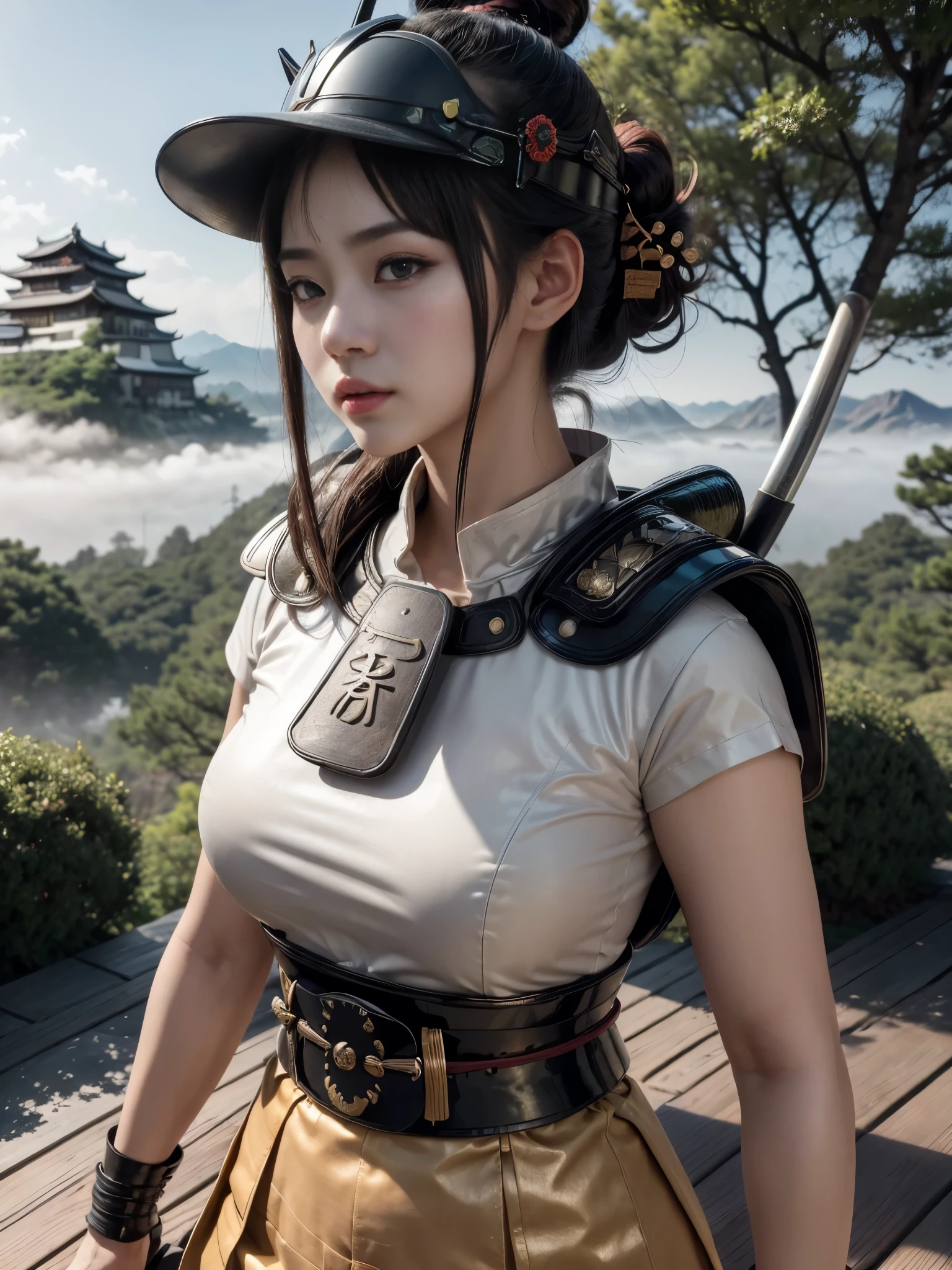 ((RAW photo), absurd, (absurdresolution)), masterpiece, best quality, (Extremely detailed CG unity 8k wallpaper), (best illustration), (best shadow), Realistic lighting, beautiful detailed glow, ((21 years old, the most beautiful young girl, beautiful, Korean)), (standing looking at the viewer, resting her arms, leg slightly bent), (black hair, a big bun on the nape of her neck, long wooden pins), (perfect black pupil, defined, sharp), (((samurai war armor, wooden and leather mail, katana on the belt, decorated and shiny helmet))), ((background: mountain with hinoki trees and fog, imperial Korean castle)), (((monochromatic background, she in color)))