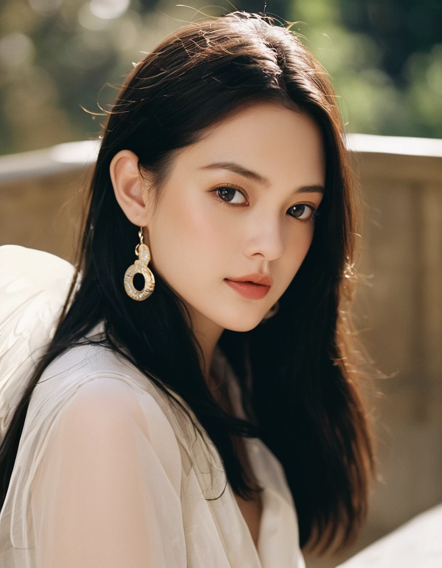 xxmixgirl, quite a bit body of a beautiful long and slender cute face Japanese girl, A gorgeous young cute asian woman in a stylish gold smith outfit, happy smiling, still from the film, ((young Marion Cotillard face : 1.2)), ((young Anne Hathaway face: 1.0)), from front, realistic portrait photo of a cute 21 years old girl, looks at viewer, wavy nose, full lips, natural skin, skin moles,(cinematic, film grain:1.1), ((asian winged eyes, very long and slender slim face, windy tousled, very long straight black hair)), pretty eyes, gorgeous, sexy, alluring, makeup, perfect face, seductive look, hands behind head, Dark workshop, (Leica SL3, Summicron-SL 75 f/2 ASPH, kodak Ektar 200 film), hands up, bokeh, silhouette, shallowed depth of field, dynamic action pose,