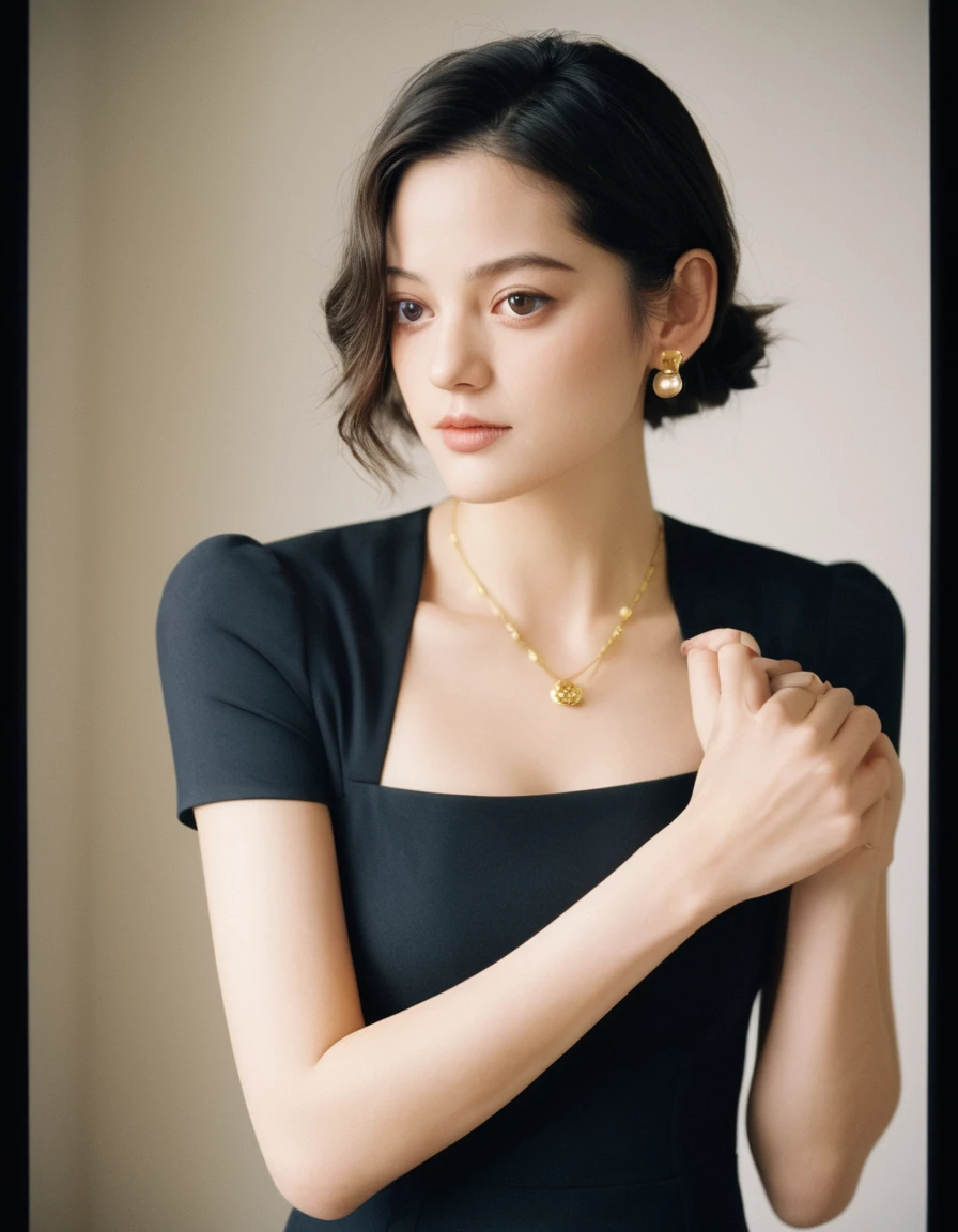 xxmixgirl, quite a bit body of a beautiful long and slender cute face Japanese girl, A gorgeous young cute asian woman in a stylish gold smith outfit, happy smiling, still from the film, ((young Marion Cotillard face : 1.2)), ((young Anne Hathaway face: 1.0)), from front, realistic portrait photo of a cute 21 years old girl, looks at viewer, wavy nose, full lips, natural skin, skin moles,(cinematic, film grain:1.1), ((asian winged eyes, very long and slender slim face, windy tousled, very long straight black hair)), pretty eyes, gorgeous, sexy, alluring, makeup, perfect face, seductive look, hands behind head, Dark workshop, (Leica SL3, Summicron-SL 75 f/2 ASPH, kodak Ektar 200 film), hands up, bokeh, silhouette, shallowed depth of field, dynamic action pose,