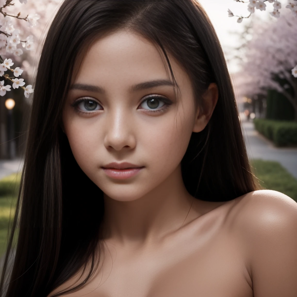 young girl,  ((32C breasts)),  cinematic, The portrait showcases a young (topless:1.6) with a shy and innocent demeanor,  blue eyes,  sensual slim face, big lips,  topless, white panties,  Her hair is styled sleek and straight,  elegantly framing her face with  adorable long straight hair. Her face is illuminated by gentle lighting,  highlighting her delicate features. The girl's eyes sparkle with a hint of curiosity and her lips form a subtle,  shy smile. The background consists of street lights and cherry blossom trees in a park at night. The composition focuses on the girl's body,  capturing the intricate details of her flawless skin,  The overall image exudes a sense of tranquility and captures the innocence and gentleness of youth