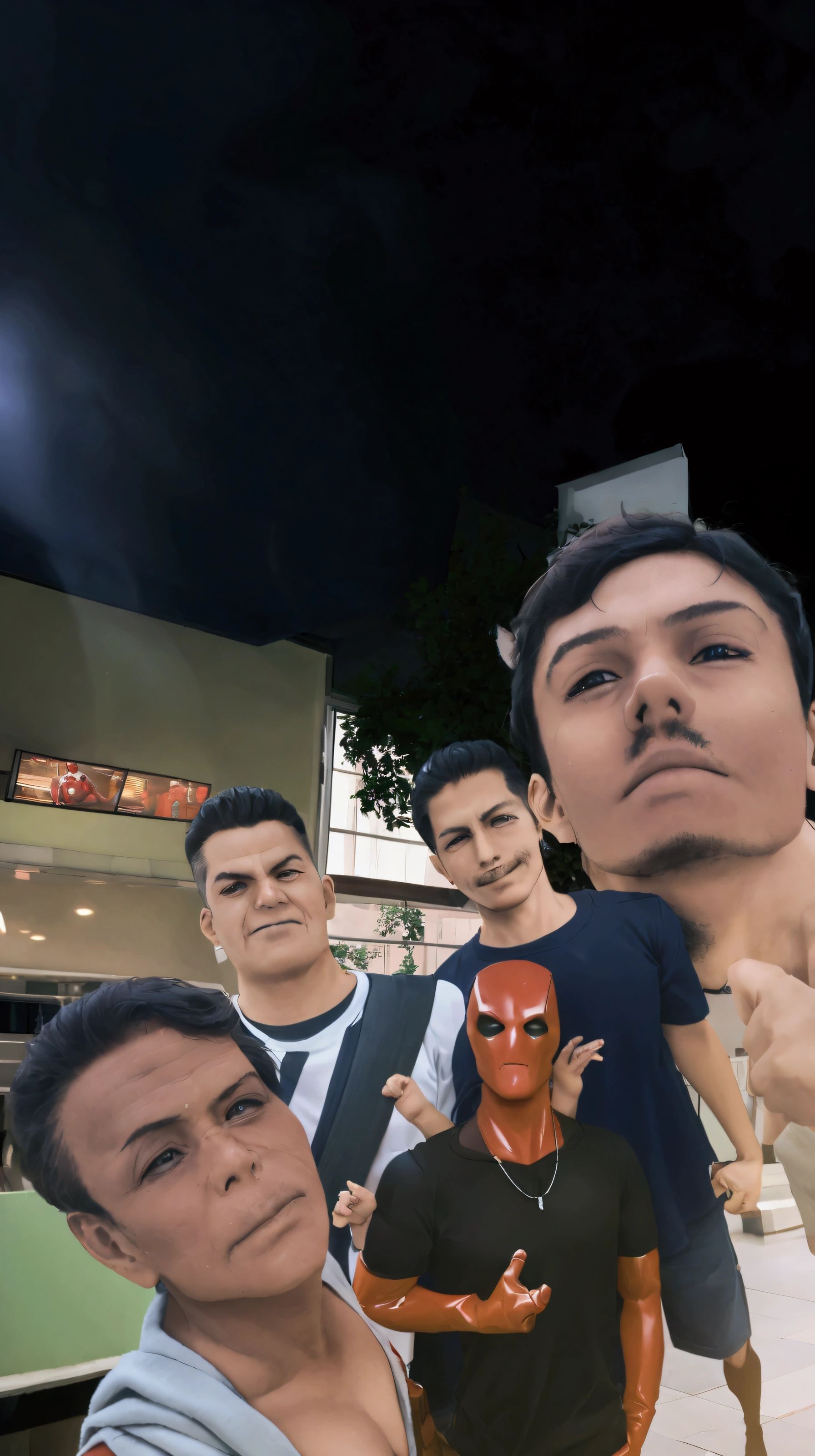 1 - for the 5(people) in Deadpool costume without wearing a mask(don&#39;t change your face) 2 - put them in a heroic pose 3 - the scenario can be created freely
