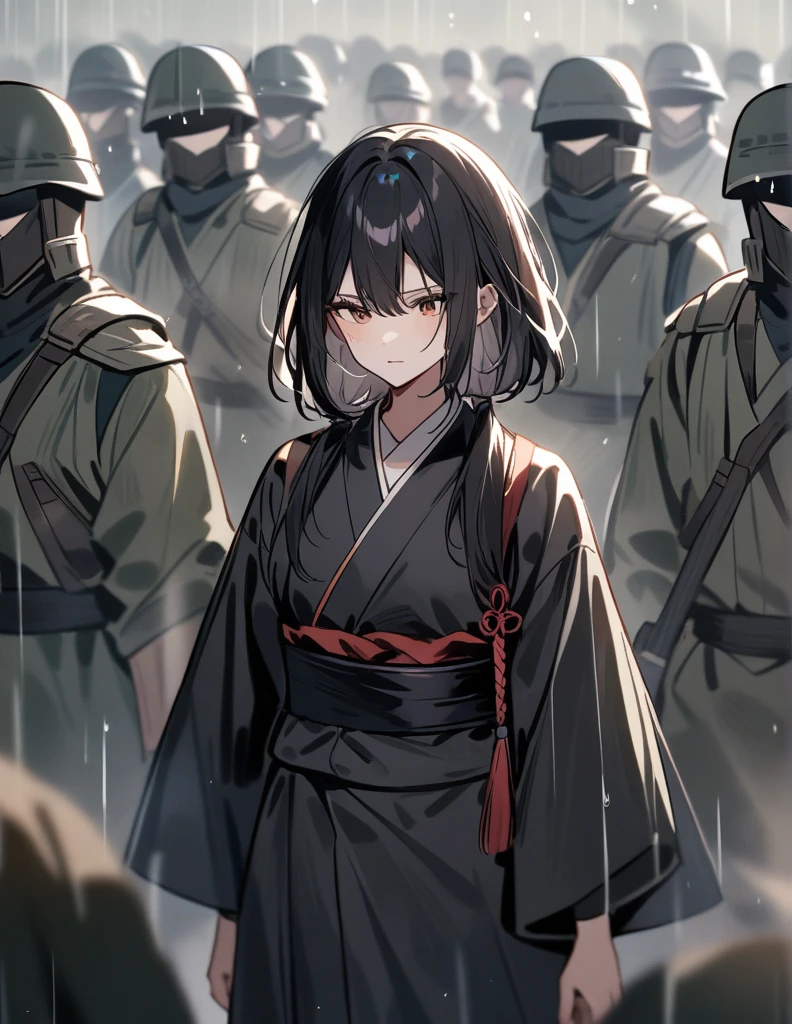 A young woman warrior in a dark kimono held a katana against a group of soldiers as rain fell on everyone.