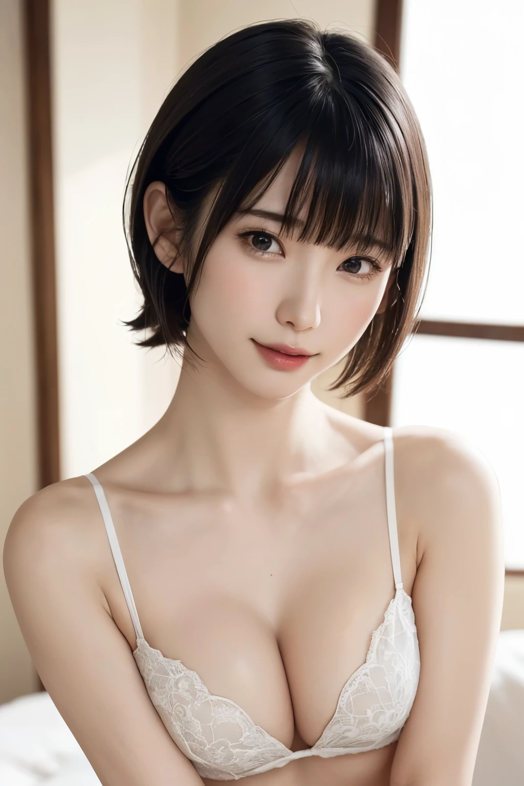 ((masterpiece, Highest quality, High resolution、Everything is beautifully detailed)), 1 girl, (Realistic: 1.4), alone, White Background, snow-White Background, Mouth closed, smile, smile, Beautiful black hair, short hair, Big eyes, Transparent double eyelids, eyelash, Listen carefully, Long neck, 美しくLong neck, Absolute area, ((Face close-up)), (Draw the whole head, shoulder), 19 years old, Attractive proportions, Glowing Skin, Beautiful clavicle, Golden ratio face, Perfect Face, Teardrop-shaped mole, chestのほくろ, bangs, clean bangs, beautiful bangs, Lip gloss, Thin lips, Fair skin, naked, Big Breasts, {Huge|big|Hugeな|Mega} chest, chestの谷間,Small face, Small face, All the heads are painted, shoulder all drawn, Point slightly above the camera