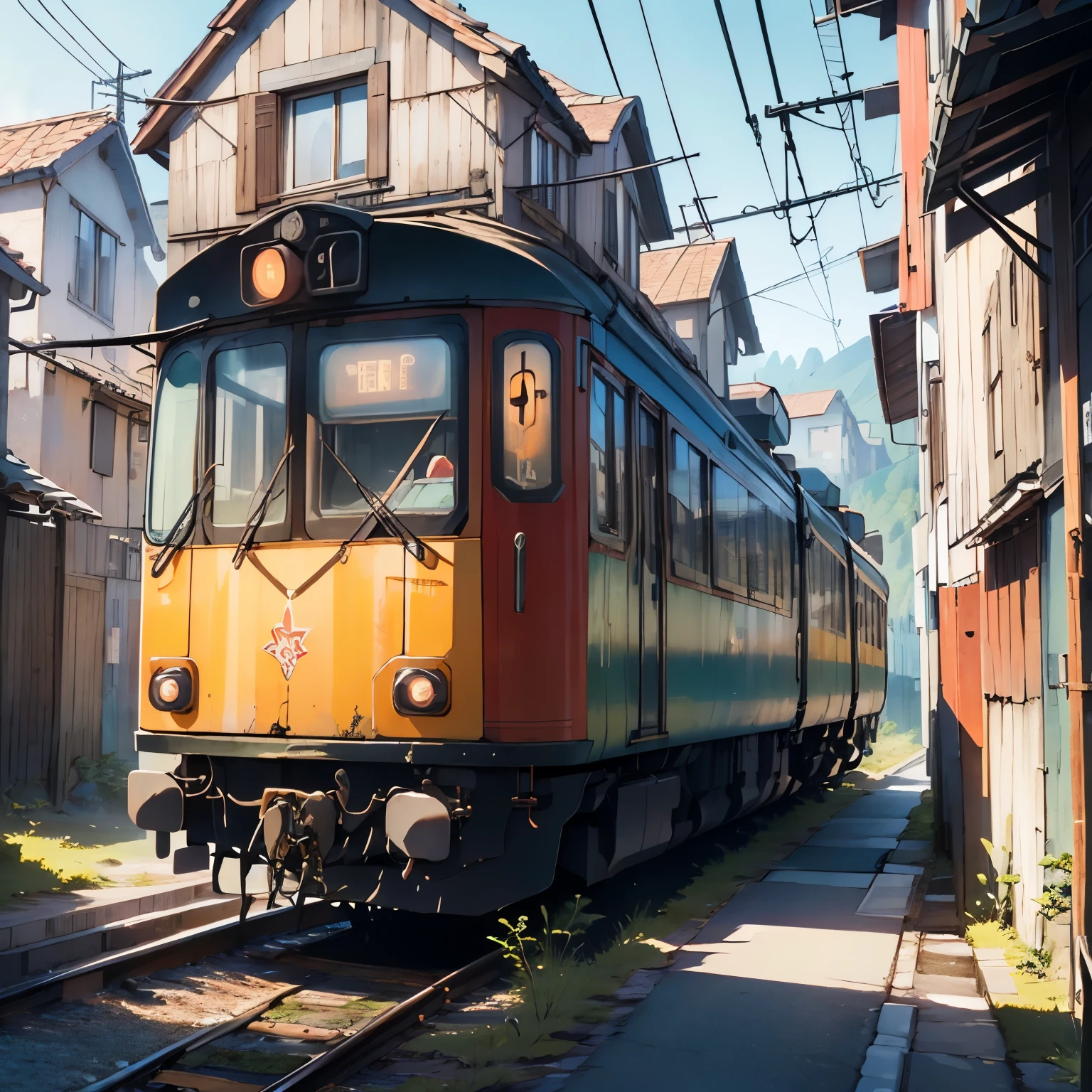 A moving train, In the mountains, resolution, lake, A cozy town, happiness, Retro, Full Color, Multicolor, artful, Top Details, Great quality, The finer details, highlight, Neon Light