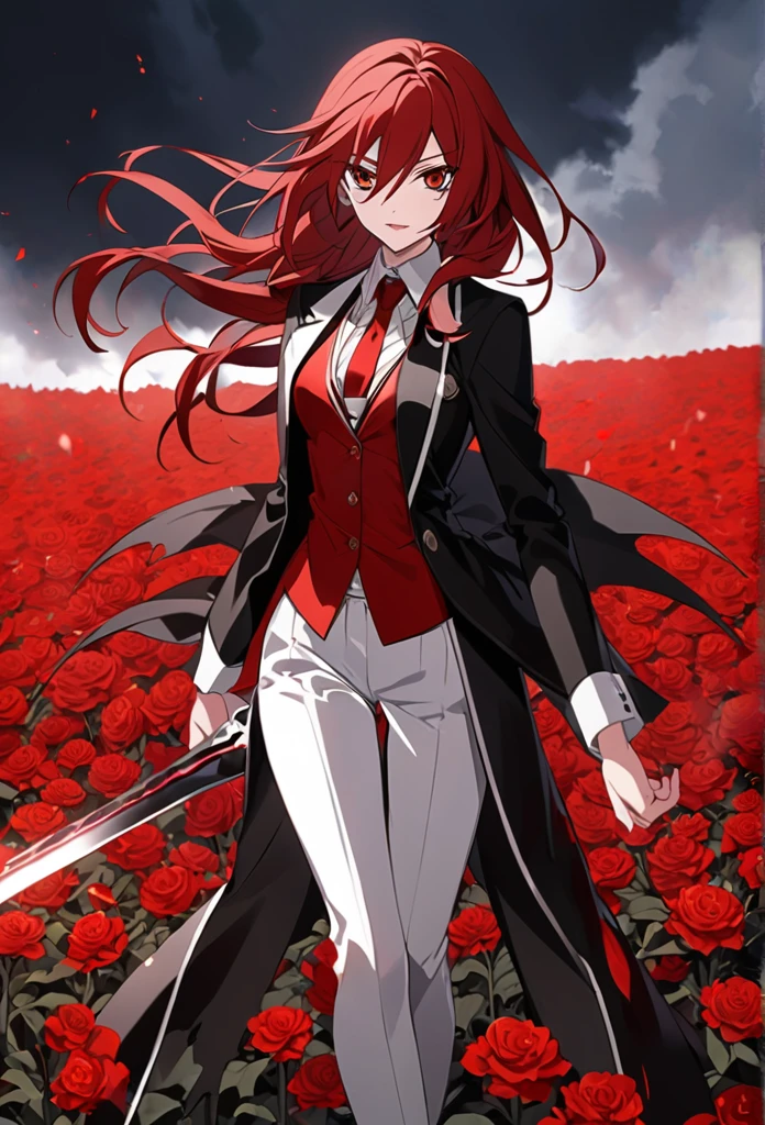 Women long wavy red hair, sexy body, suit white, black blood sword, background Red flower field, screenshot vampire knight