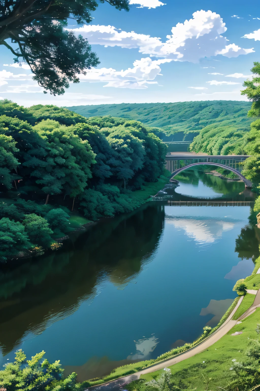 Anime Landscape of a bridge over a river with a sky background, beautiful Anime Landscape, Anime Landscape wallpaper, Anime Landscape, Anime Nature, Anime Nature wallpap, Anime Landscape, Anime Background art, Anime Background, Anime beautiful peaceful scene, Beautiful anime scene, Wallpaper Anime Blue Water, Anime rural scenery, Detailed scenery —width 672, Landscape Artwork