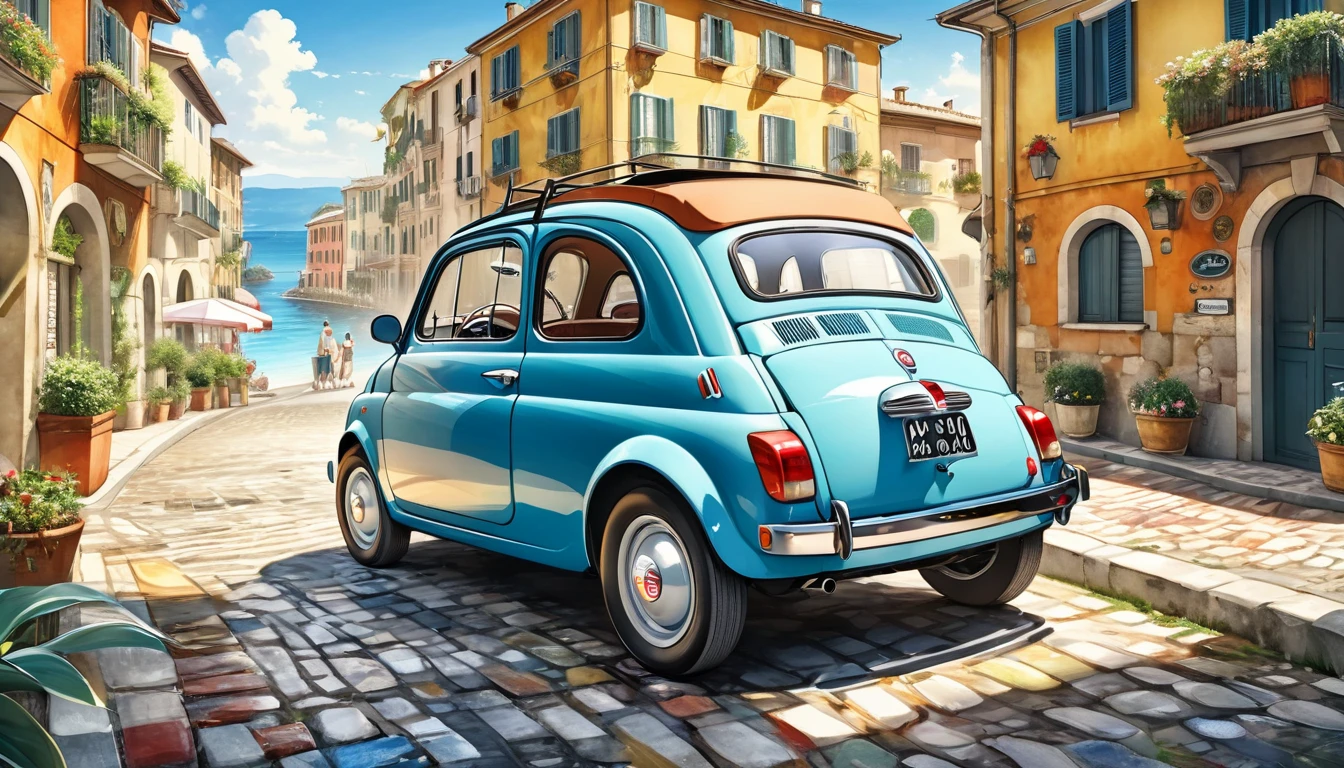 歴史的masterpiece,A picture of a FIAT 500 parked on a cobblestone street near the building, A FIAT on the road, beautiful retro art, by Bencho Obreshkov, Colourful and detailed, 8k)), happy italian beach scene, Watercolor style, super Realistic painting style, Detailed 4K painting, Realistic painting style, Awesome Wallpapers,There is no one,Only one car,masterpiece