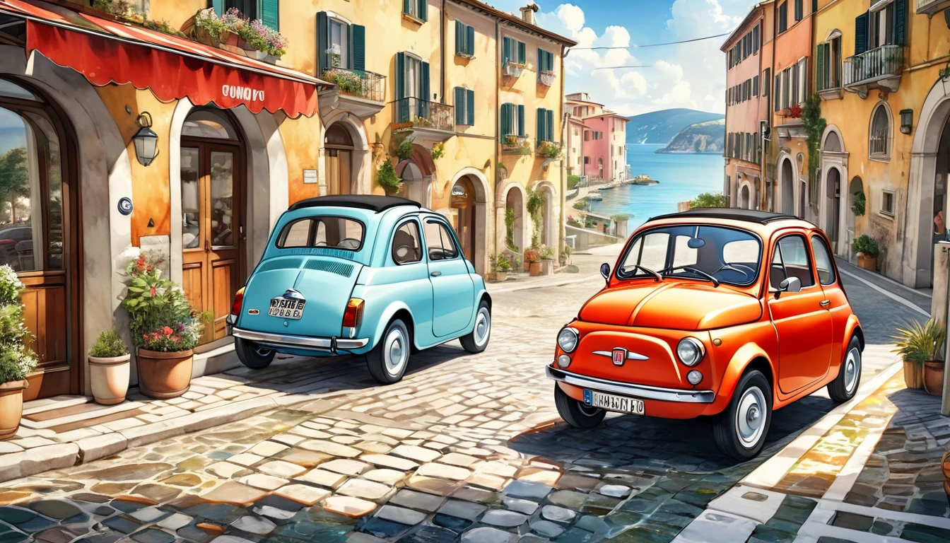 歴史的masterpiece,A picture of a FIAT 500 parked on a cobblestone street near the building, A FIAT on the road, beautiful retro art, by Bencho Obreshkov, Colourful and detailed, 8k)), happy italian beach scene, Watercolor style, super Realistic painting style, Detailed 4K painting, Realistic painting style, Awesome Wallpapers,There is no one,Only one car,masterpiece