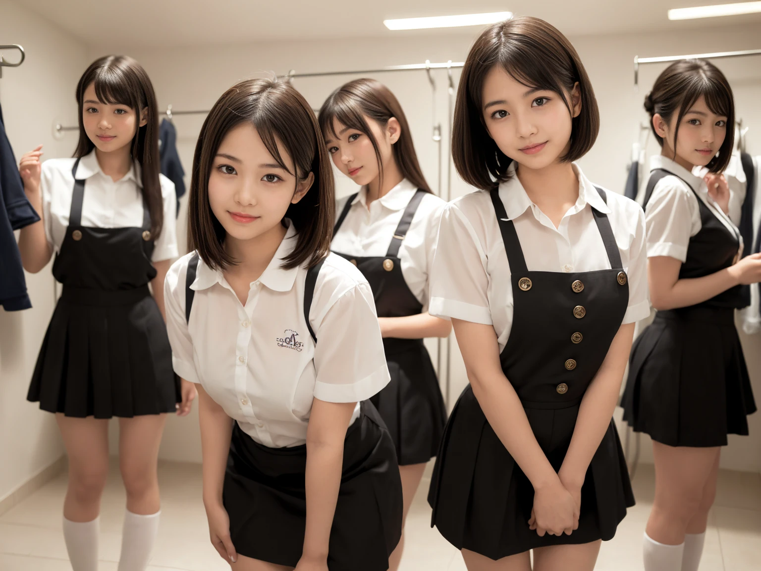 masterpiece, Highest quality, figure, Very detailed, The finer details, High resolution, 8k,wallpaper, Perfect dynamic composition,(Detailed high quality, Realistic depiction of eyes:1.3), (Three Girls),(A tight-fitting waitress uniform with buttons on the collar and chest), Seraphim, Short Bob Hair, The background is an empty changing room, Deep in the field, Black hair color, Big Natural Color Lip, (Perfect figure), (smile)、Harajuku Style、Elementary school girl in Japan:1.3), Adorable expression、Expressions of happiness、、height: 145cm、Baby Face、Amazingly cute、Cute type、Beautiful feet, Idol Sculpture、(Changing clothes in the changing room:1.5)