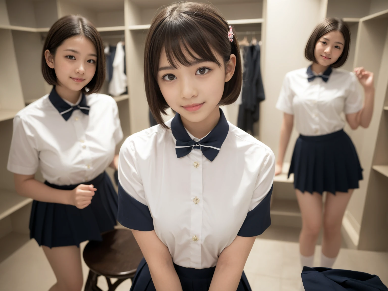 masterpiece, Highest quality, figure, Very detailed, The finer details, High resolution, 8k,wallpaper, Perfect dynamic composition,(Detailed high quality, Realistic depiction of eyes:1.3), (Three Girls),(A tight-fitting waitress uniform with buttons on the collar and chest), Seraphim, Short Bob Hair, The background is an empty changing room, Deep in the field, Black hair color, Big Natural Color Lip, (Perfect figure), (smile)、Harajuku Style、 in Japan:1.3), Adorable expression、Expressions of happiness、10 years old、height: 1ce、Amazingly cute、Cute typel feet, Idol Sculpture、(Changing clothes in the changing room:1.5)