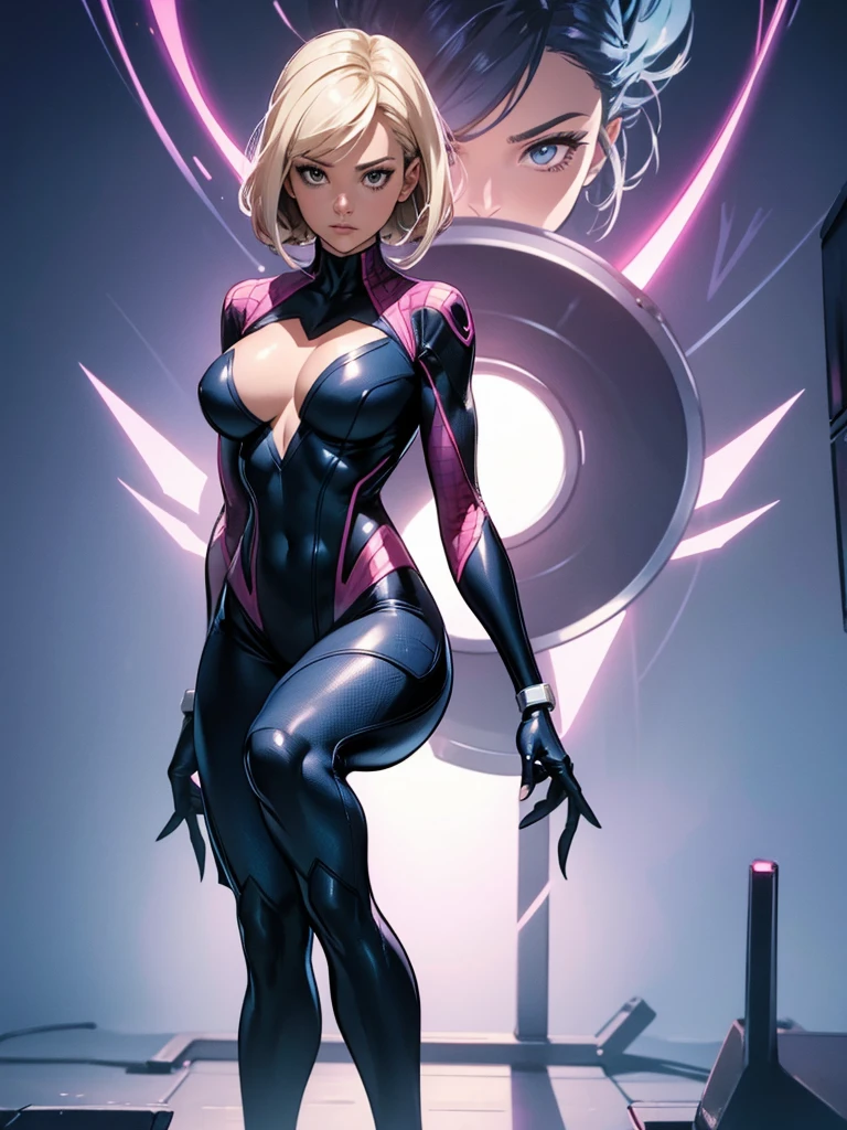 Gwen in the x-men in her new spider x-men suit,Solo, High Resolution, Masterpiece, Best Quality, High Details, High Quality, Large breasts, adult woman, character reference character sheet, x-Men logo on the suit 
￼
￼