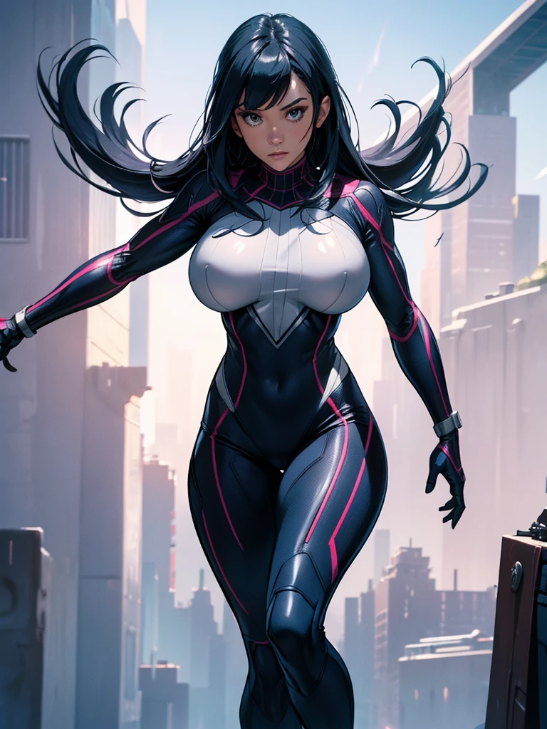 Gwen in the x-men in her new spider x-men suit,Solo, High Resolution, Masterpiece, Best Quality, High Details, High Quality, Large breasts, adult woman, character reference character sheet, x-Men logo on the suit

