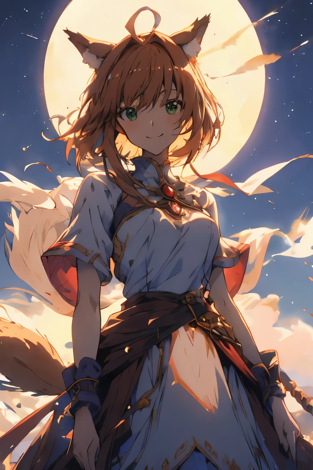 master piece, Best Quality, A high resolution, top-quality, Anime style, The best lighting, Beautiful face, kinomoto sakura, 1woman, tall, 30 years old, large breasts, light brown hair, Short hair, Antenna Hair, Green eyes, frills, dynamic angle, wolf ears and tail, in front of a full moon, white dress, confident smile,