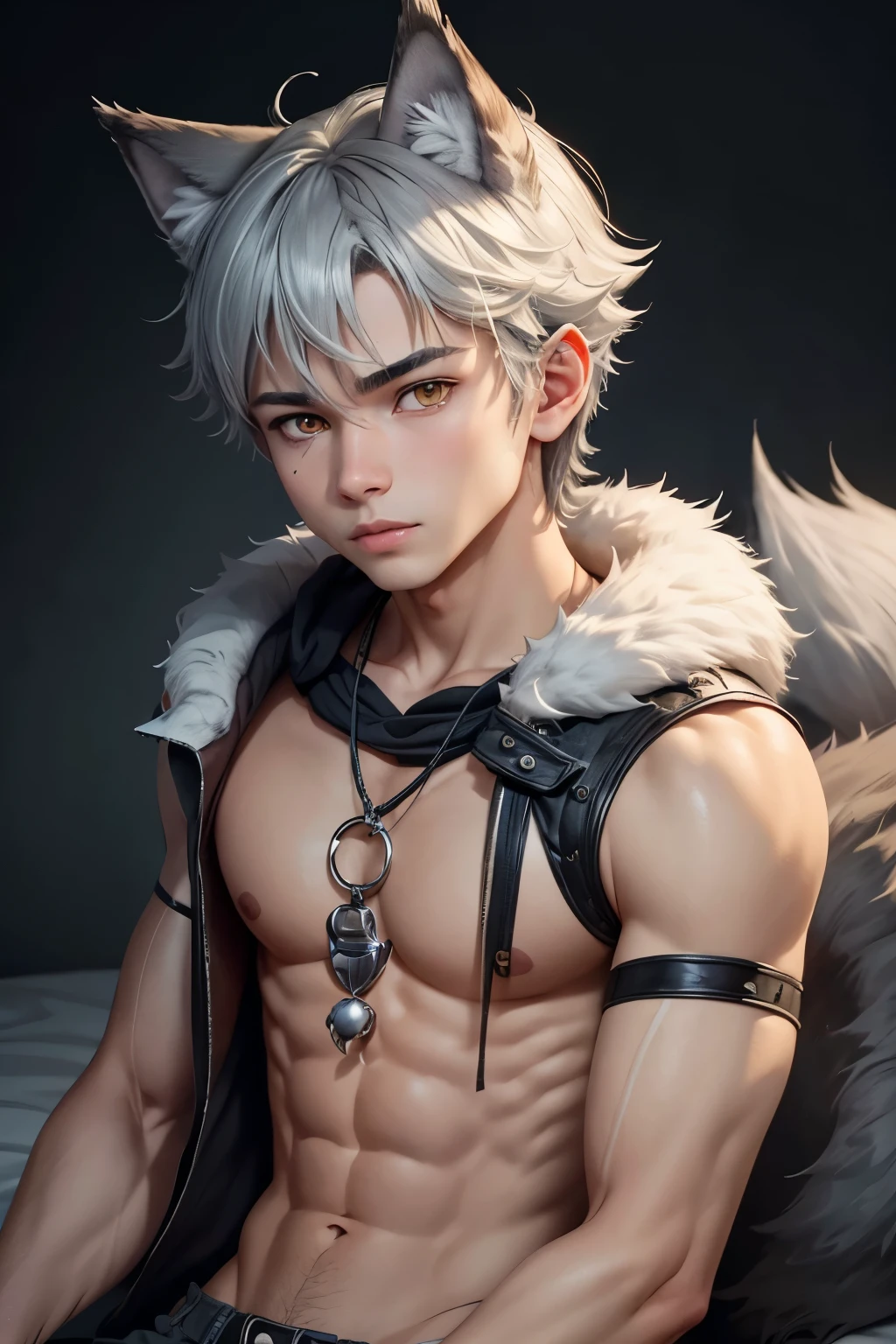 1boy, , wolf boy, cute face, grey hair, wolf ears, wolf tail, weregarurumon, garurumon, sexy