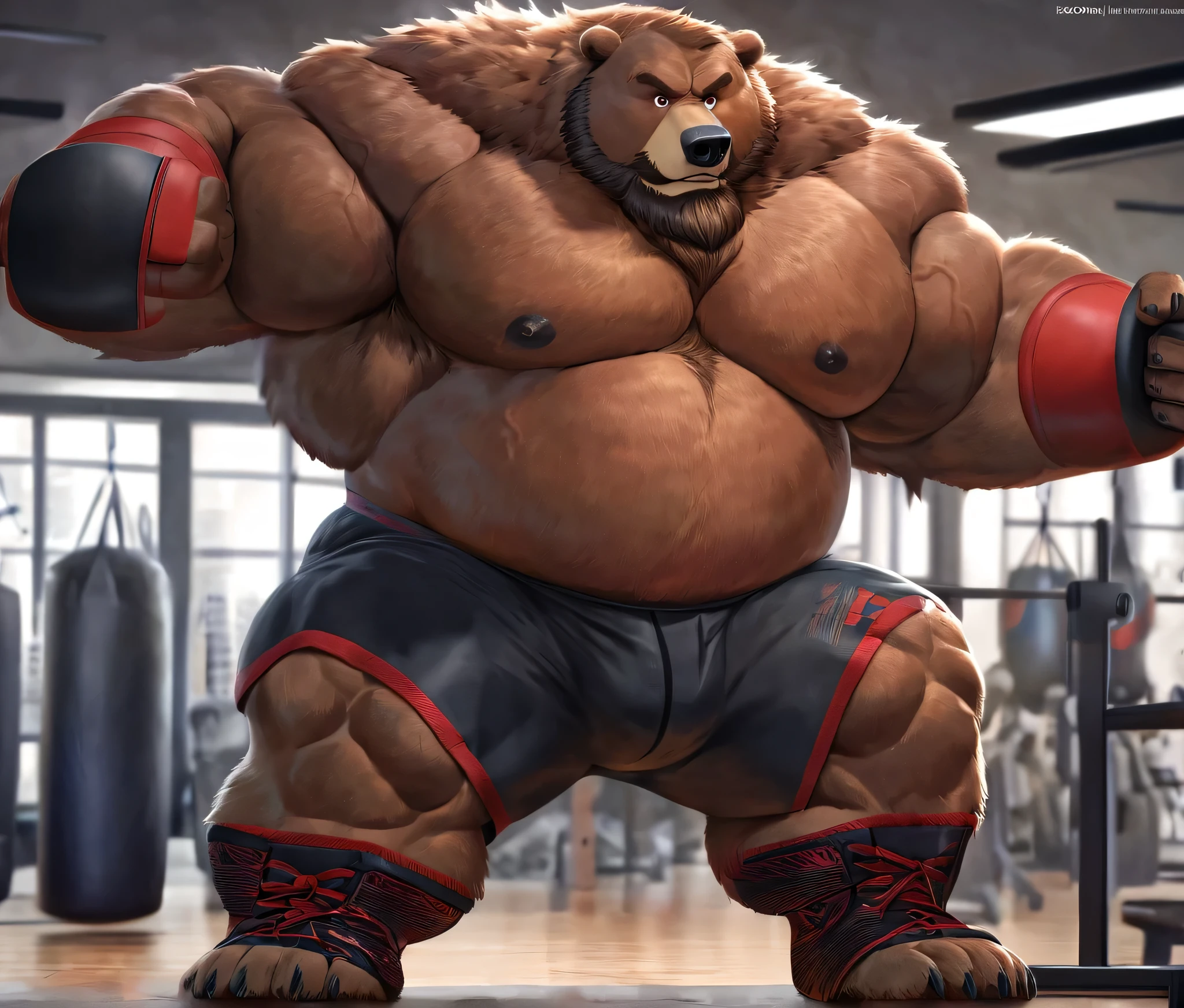 huge muscular kodiak brown bear in big gym fitness center, big grunting, kodiak bear, huge brown fur, thick arms, huge arms, big paws, veins all over arms and chests, bald, big brown mustache and beard, (muscular, pectoral, wide pectoral, thick arms), HEIGHT: 220CM, WEIGHT: 320KG, gym sets, workout equipments, ring, punching bag, realistic, 8k, masterpiece, added cinnamon colored eyebrows, deatiled eyes with red pupils, (wearing black mixed martial arts shorts with red slits, black mixed martial art fingerless gloves with red pads, black toeless footwear tapes, shirtless and topless), punching and kicking techniques, 