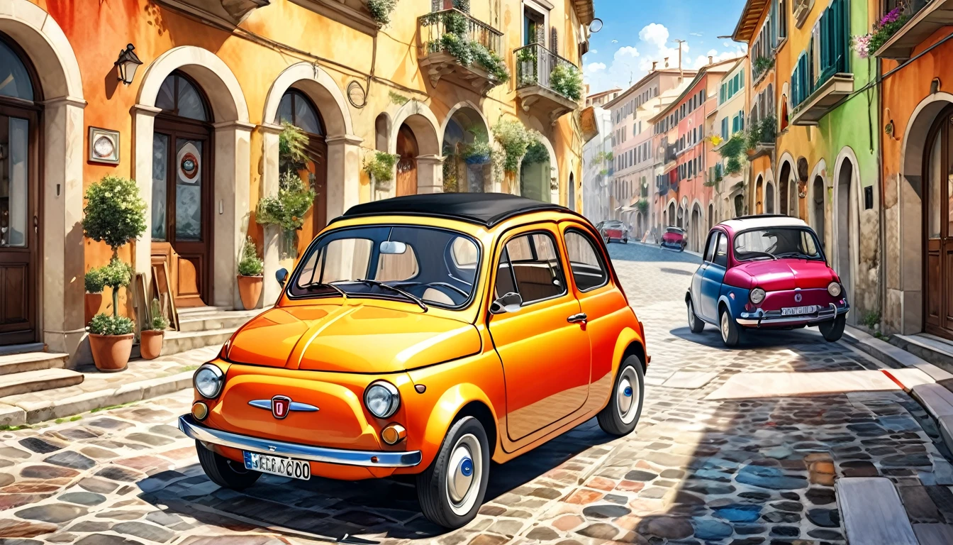歴史的masterpiece,A picture of a FIAT 500 parked on a cobblestone street near the building, A FIAT on the road, beautiful retro art, by Bencho Obreshkov, Colourful and detailed, 8k)), Happy italian coast scene, Watercolor style, super Realistic painting style, Detailed 4K painting, Realistic painting style, Awesome Wallpapers,There is no one,Only one car,masterpiece