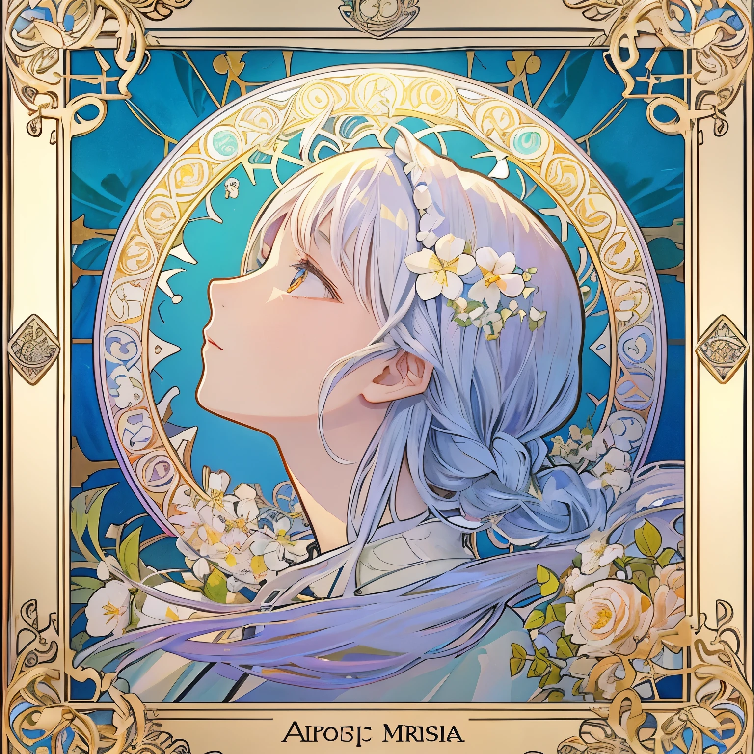 1 girl, (masterpiece, highest quality, highest quality, beautiful and aesthetic: 1.2), (1 girl: 1.3), flower, delicate clothing, square picture frame, ((face)), cool face, beautiful white flower flowing background,(Alphonse Mucha's),Gradient color hairstyle, Ultra-detailed, Soft Light, Gentle colors, solo, white long hair, Dutch Angle, frame, profile, short neck,Crown, Church Clothes