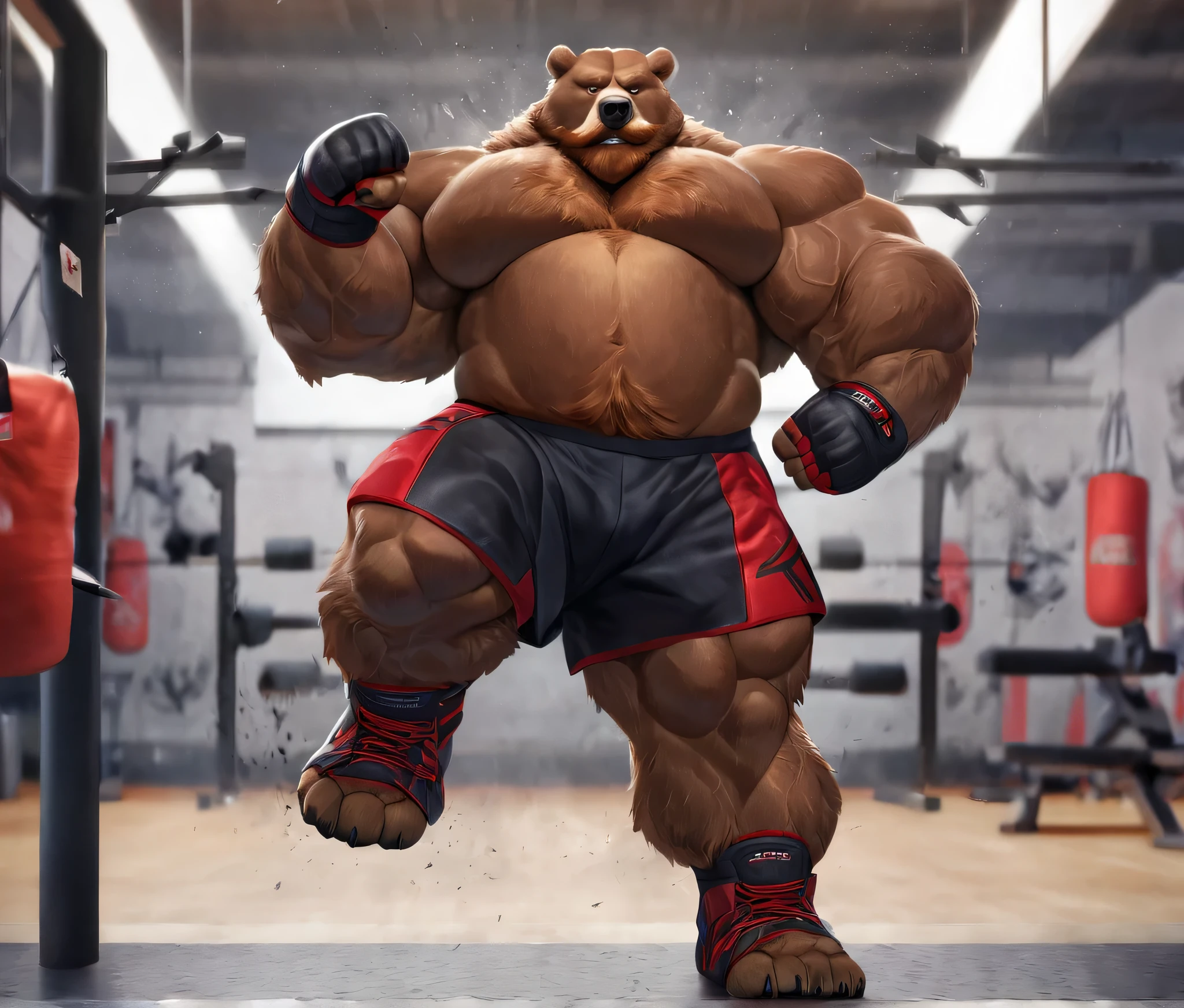 huge muscular kodiak brown bear in big gym fitness center, big grunting, kodiak bear, huge brown fur, thick arms, huge arms, big paws, veins all over arms and chests, bald, big brown mustache and beard, (muscular, pectoral, wide pectoral, thick arms), HEIGHT: 220CM, WEIGHT: 320KG, gym sets, workout equipments, ring, punching bag, realistic, 8k, masterpiece, added cinnamon colored eyebrows, deatiled eyes with red pupils, (wearing black mixed martial arts shorts with red slits, black mixed martial art fingerless gloves with red pads, black toeless footwear tapes, shirtless and topless), punching and kicking techniques,