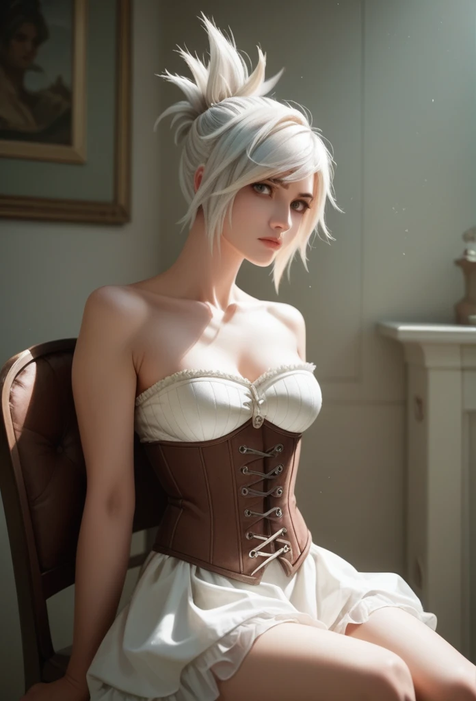 (Masterpiece:1.2), best quality, (illustration:1.2), (ultra-detailed), riven \(league of legends\), 1girl, folded ponytail, short dress, single pauldron, corset, white hair, sitting, upper body, cowboy shot