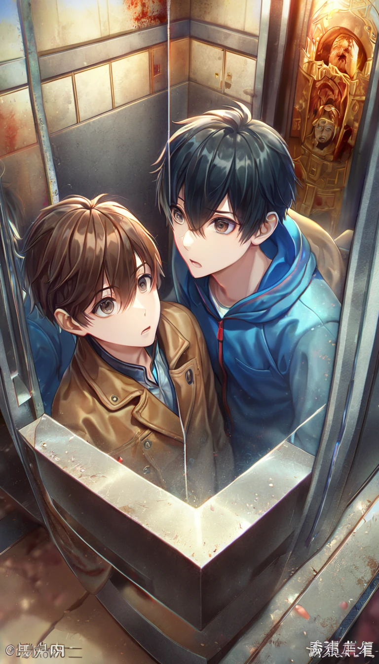 topview,Two male stanind inside life,mirror reflection,elevator,blood,horror,absurdres, highres, ultra detailed, HDR, master piece, best quality, extremely detailed face, delicated features, Zhang Qiling, black hair, expressive gray eyes, hair between the eyes, , The Lost Tomb, Wu Xie, brown hair, expressive brown eyes, two sexy men together, yaoi, gay couple, handsome, blue hooded jacket, brown coat, fantasy, magical, 