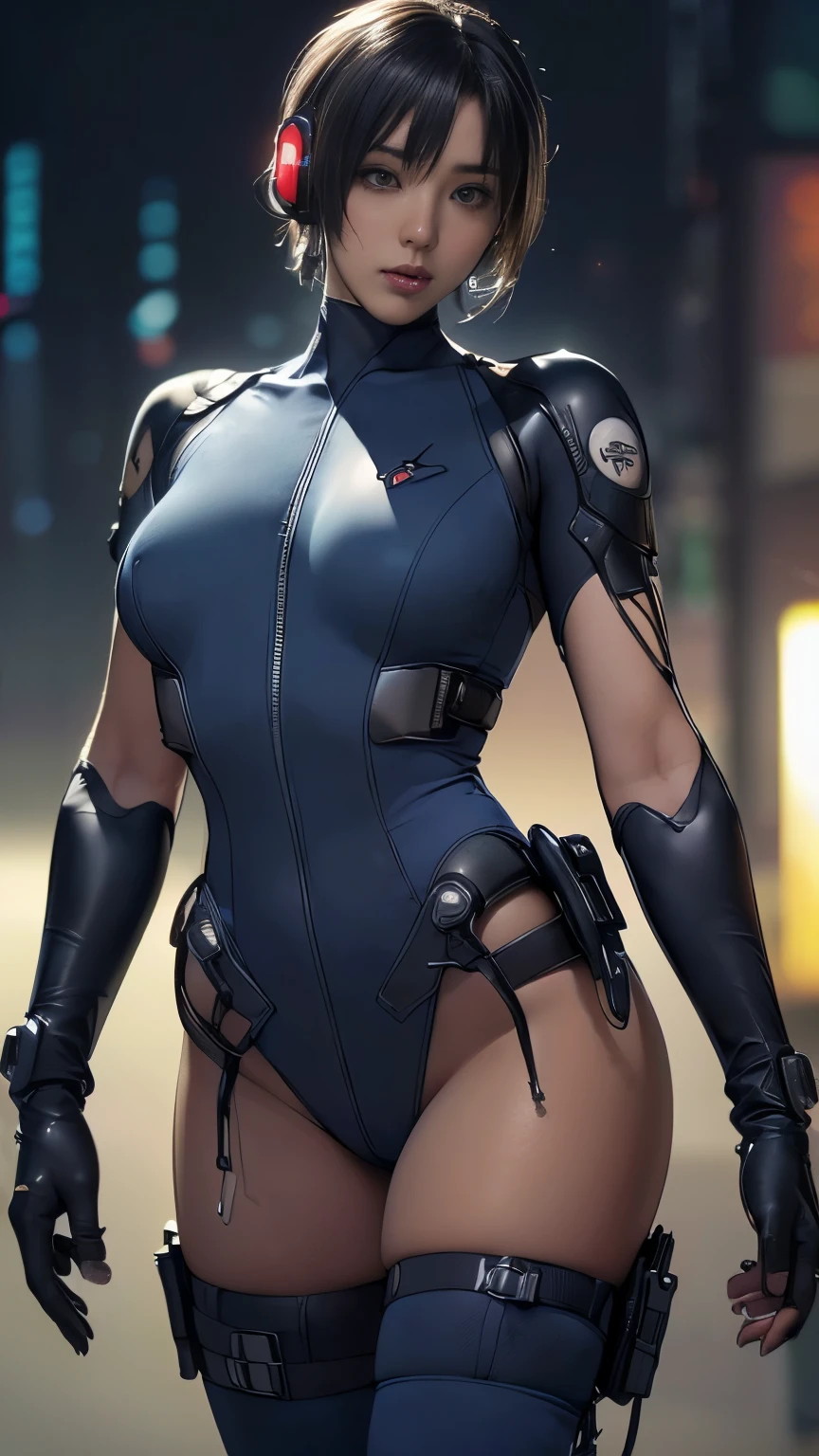 (A woman),(((A female member of the Future Force rides a motorcycle))),((Navy blue tactical high leg bodysuit:1.5)),((earphone:1.5)),((Tactical Holster:1.5)),(Gloves:1.5),(Serious:1.5),(Super short hair:1.5),(bionde:1.5),(beautiful eyes:1.3),(Very detailedな顔:1.5),((Very detailed drawing of a female hand:1.5)),((muscular:1.5)),(Sexy appearance:1.5),((Thick thighs:1.5)),(Beautiful Body:1.5),((Very sensual:1.5)),(Background is hanger:1.5),(Cyberpunk atmosphere:1.5),(((Blurred Background:1.5))),(Written border depth:1.5),rest(((masterpiece:1.5),(best quality:1.5),(Very detailed:1.5),(high resolution:1.5),(Practical:1.5),(Practical:1.5),(Delicate depiction),(Carefully drawn))),8k,wallpaper