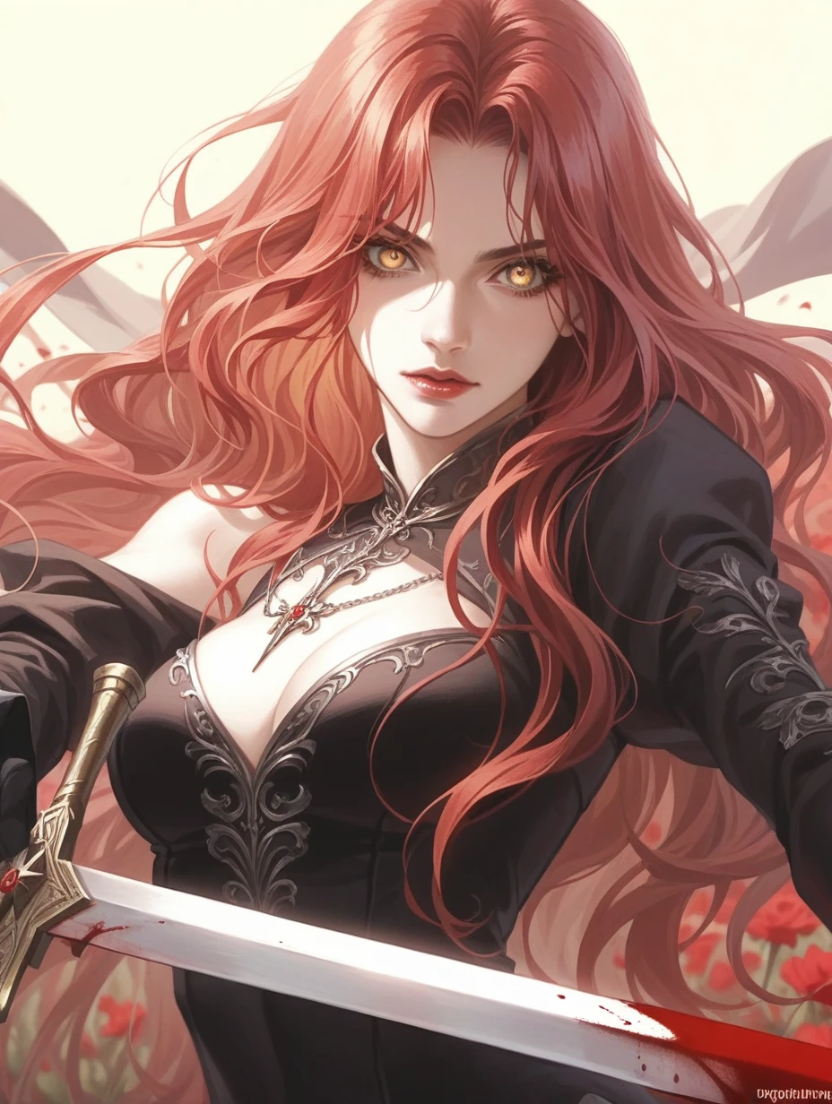 Women long wavy red hair, golden eyes, sexy body, suit white, black blood sword, background Red flower field, screenshot vampire knight